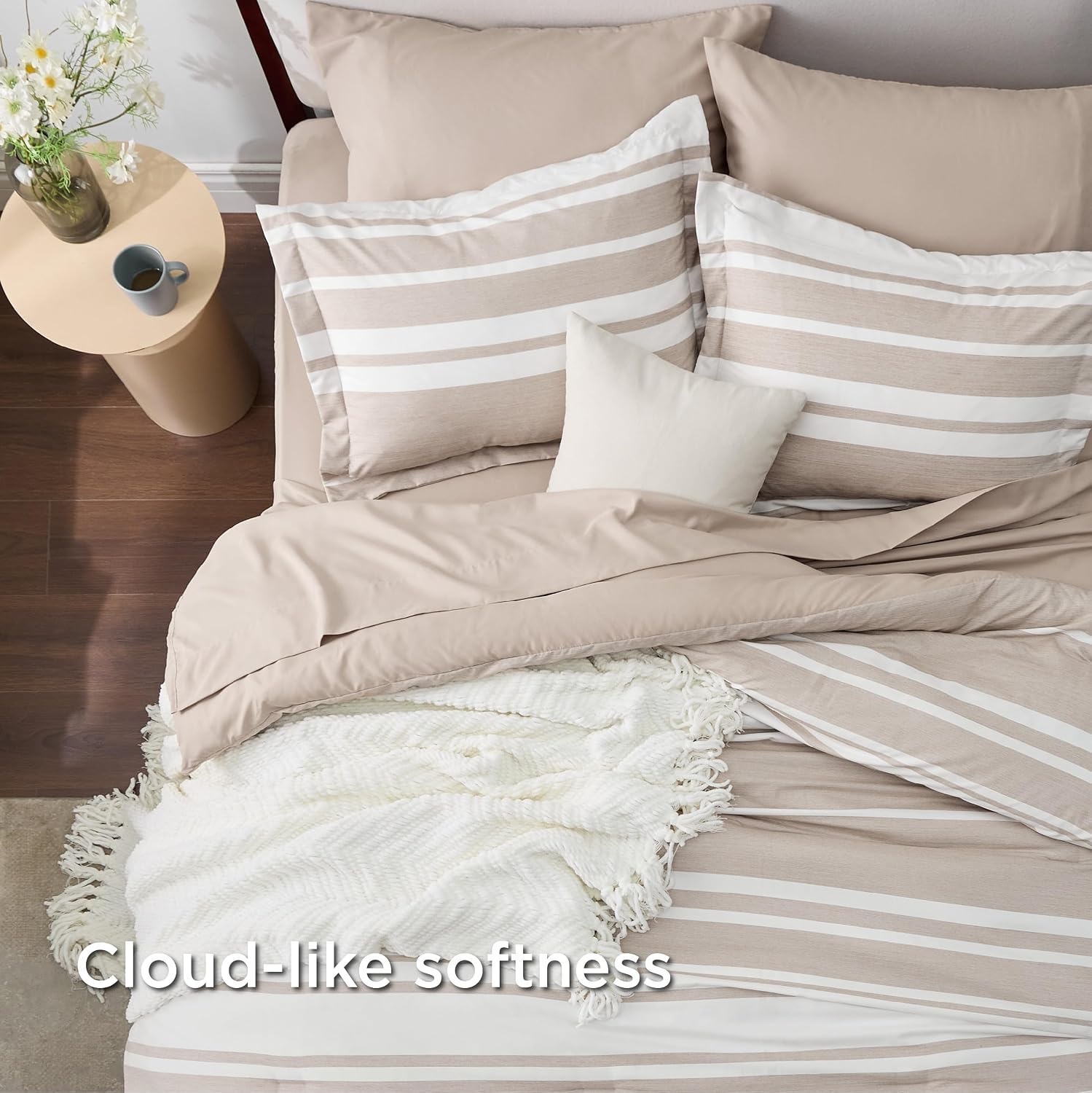 image:imageBedsure Queen Comforter Set 7 Pieces Grey Striped Bedding Set for All Seasons Reversible Cationic Dyeing Bed in a Bag with Comforter Sheets Pillowcases amp Shams11 Light Camel