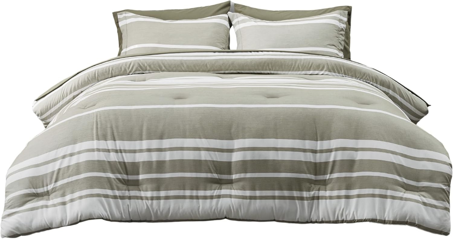 image:imageBedsure Queen Comforter Set 7 Pieces Grey Striped Bedding Set for All Seasons Reversible Cationic Dyeing Bed in a Bag with Comforter Sheets Pillowcases amp Shams04 Olive Green