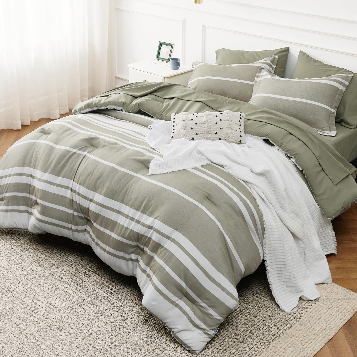 image:imageBedsure Queen Comforter Set 7 Pieces Grey Striped Bedding Set for All Seasons Reversible Cationic Dyeing Bed in a Bag with Comforter Sheets Pillowcases amp Shams04 Olive Green