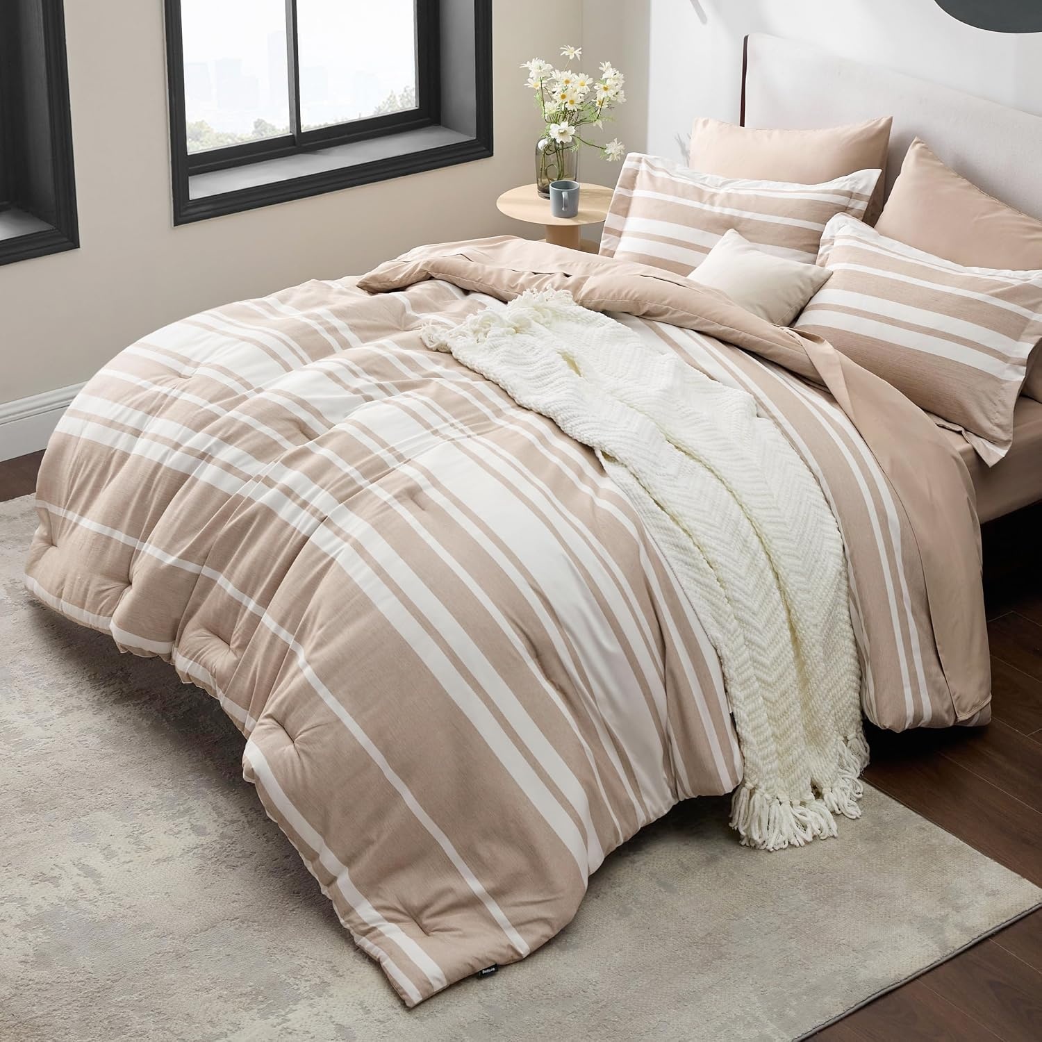 image:imageBedsure Queen Comforter Set 7 Pieces Grey Striped Bedding Set for All Seasons Reversible Cationic Dyeing Bed in a Bag with Comforter Sheets Pillowcases amp Shams11 Light Camel
