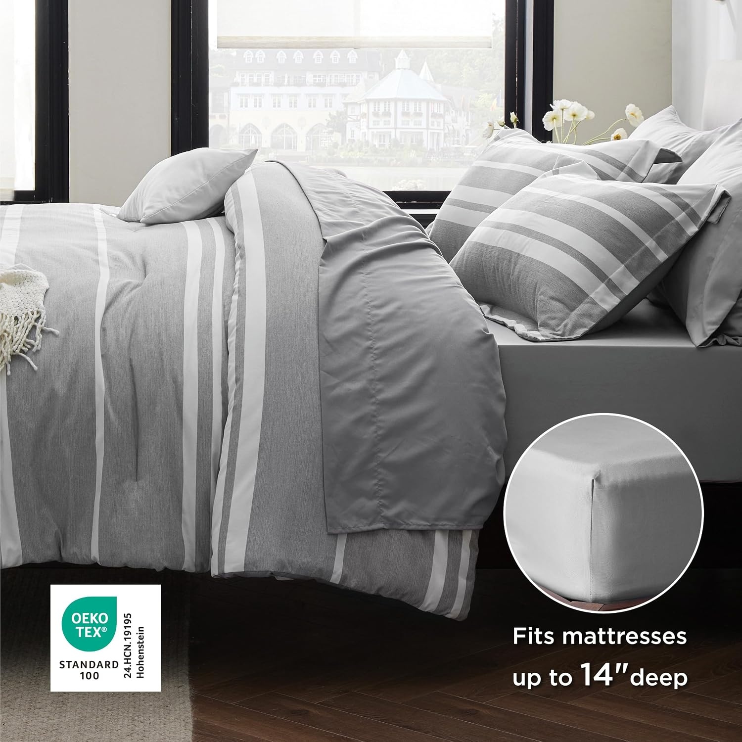 image:imageBedsure Queen Comforter Set 7 Pieces Grey Striped Bedding Set for All Seasons Reversible Cationic Dyeing Bed in a Bag with Comforter Sheets Pillowcases amp Shams01 Grey