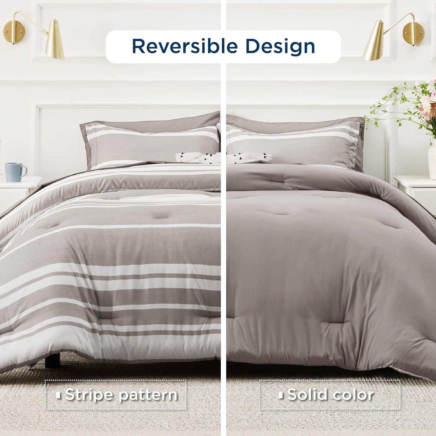 image:imageBedsure Queen Comforter Set 7 Pieces Grey Striped Bedding Set for All Seasons Reversible Cationic Dyeing Bed in a Bag with Comforter Sheets Pillowcases amp Shams14 Taupe