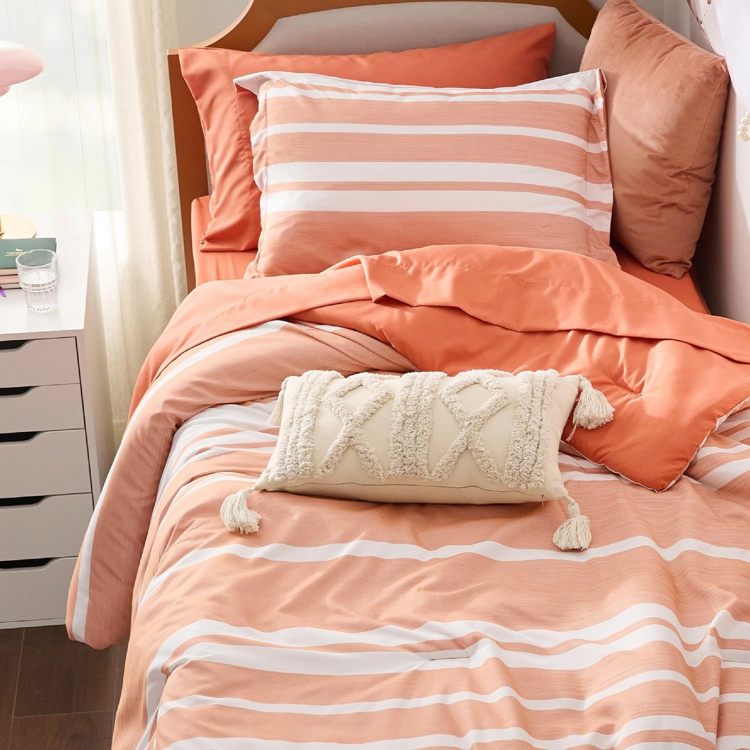 image:imageBedsure Queen Comforter Set 7 Pieces Grey Striped Bedding Set for All Seasons Reversible Cationic Dyeing Bed in a Bag with Comforter Sheets Pillowcases amp Shams12 Burnt Orange