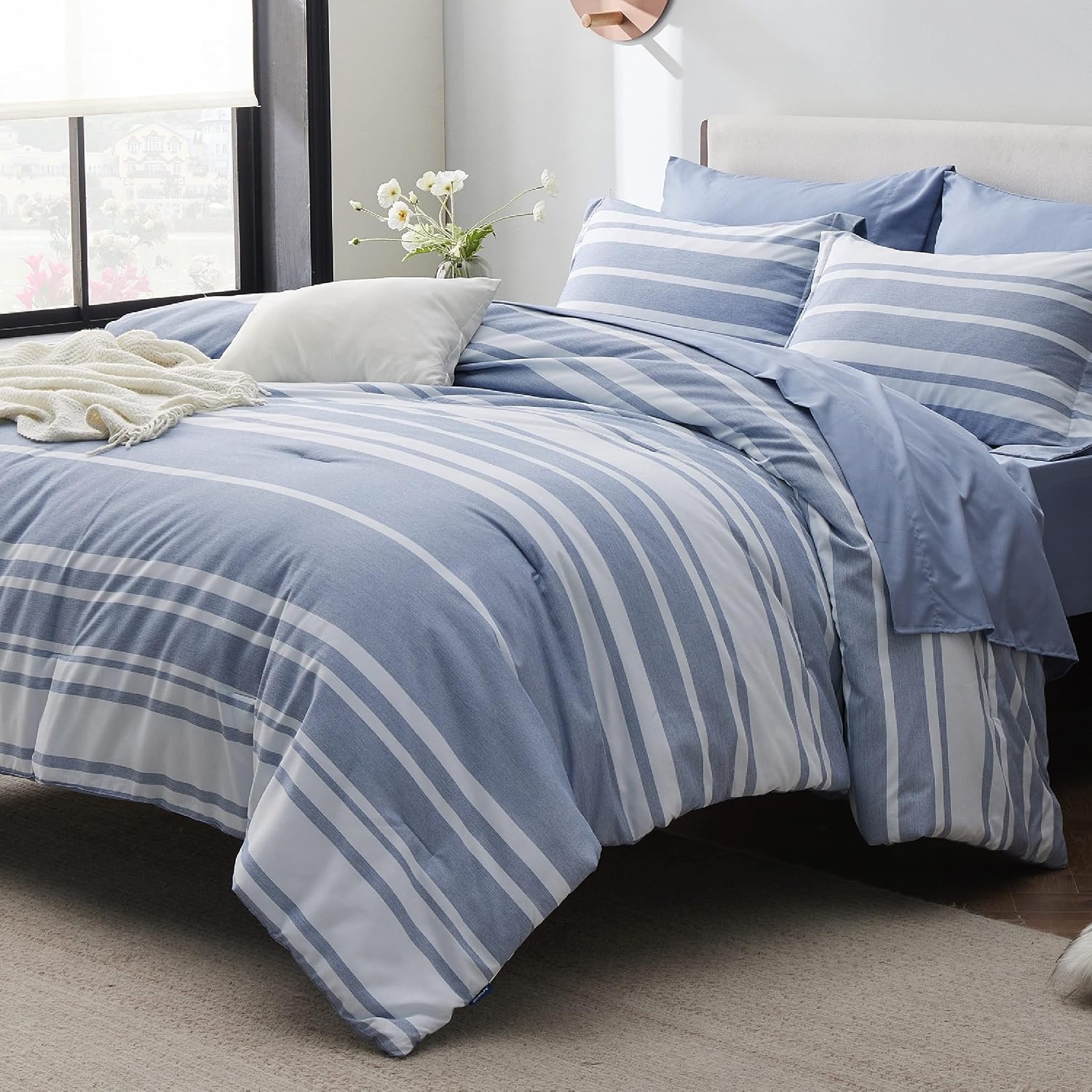 image:imageBedsure Queen Comforter Set 7 Pieces Grey Striped Bedding Set for All Seasons Reversible Cationic Dyeing Bed in a Bag with Comforter Sheets Pillowcases amp Shams02 Blue