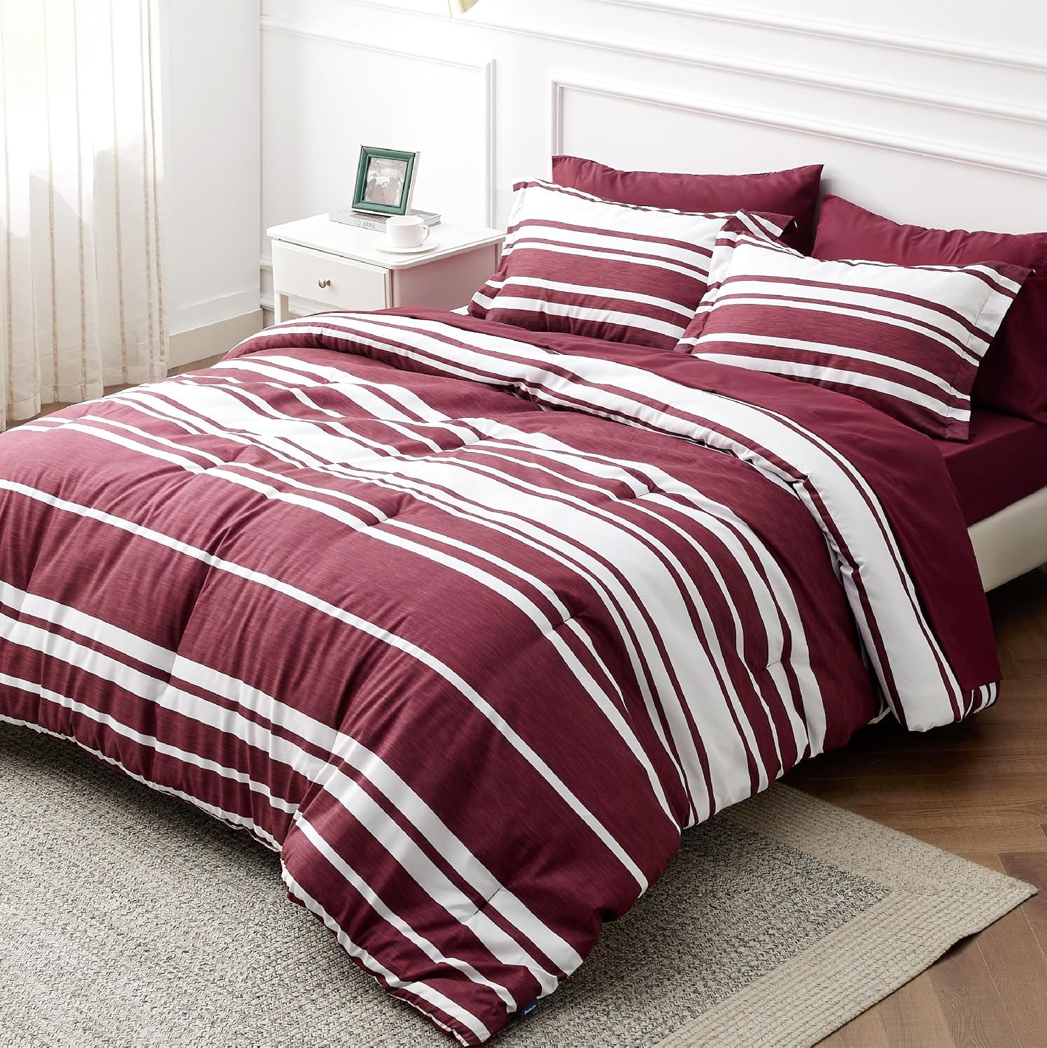 image:imageBedsure Queen Comforter Set 7 Pieces Grey Striped Bedding Set for All Seasons Reversible Cationic Dyeing Bed in a Bag with Comforter Sheets Pillowcases amp Shams10 Burgundy