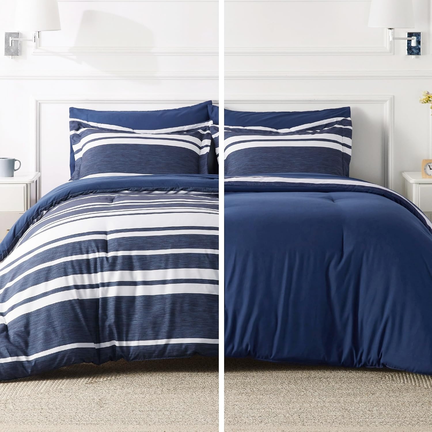 image:imageBedsure Queen Comforter Set 7 Pieces Grey Striped Bedding Set for All Seasons Reversible Cationic Dyeing Bed in a Bag with Comforter Sheets Pillowcases amp Shams05 Navy