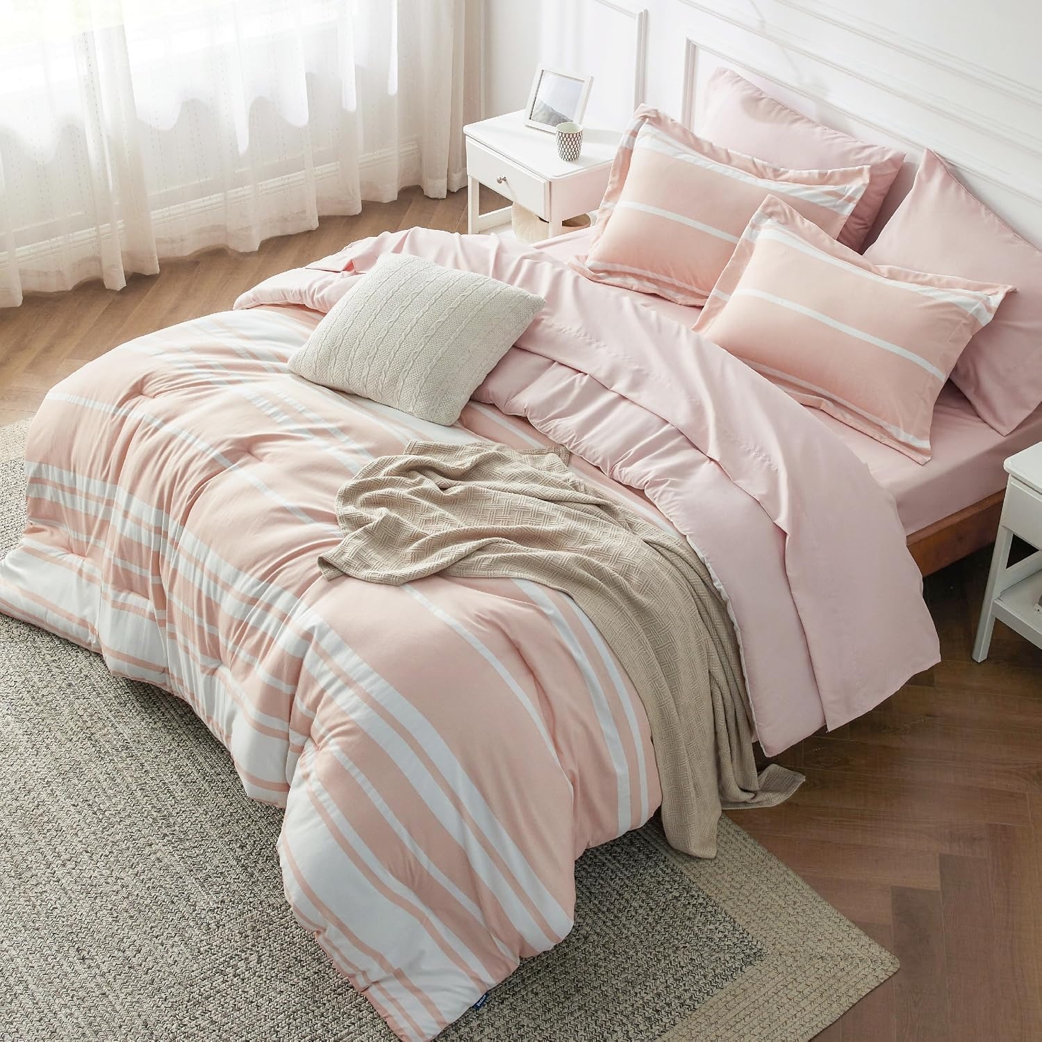 image:imageBedsure Queen Comforter Set 7 Pieces Grey Striped Bedding Set for All Seasons Reversible Cationic Dyeing Bed in a Bag with Comforter Sheets Pillowcases amp Shams15 Light Pink