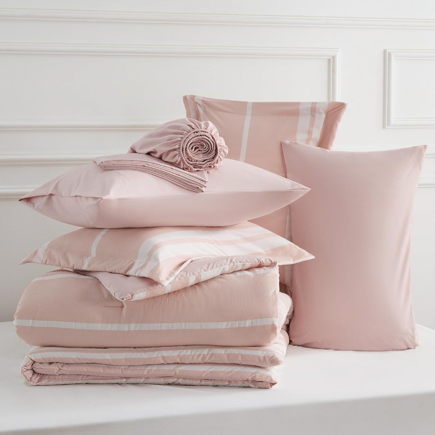 image:imageBedsure Queen Comforter Set 7 Pieces Grey Striped Bedding Set for All Seasons Reversible Cationic Dyeing Bed in a Bag with Comforter Sheets Pillowcases amp Shams15 Light Pink