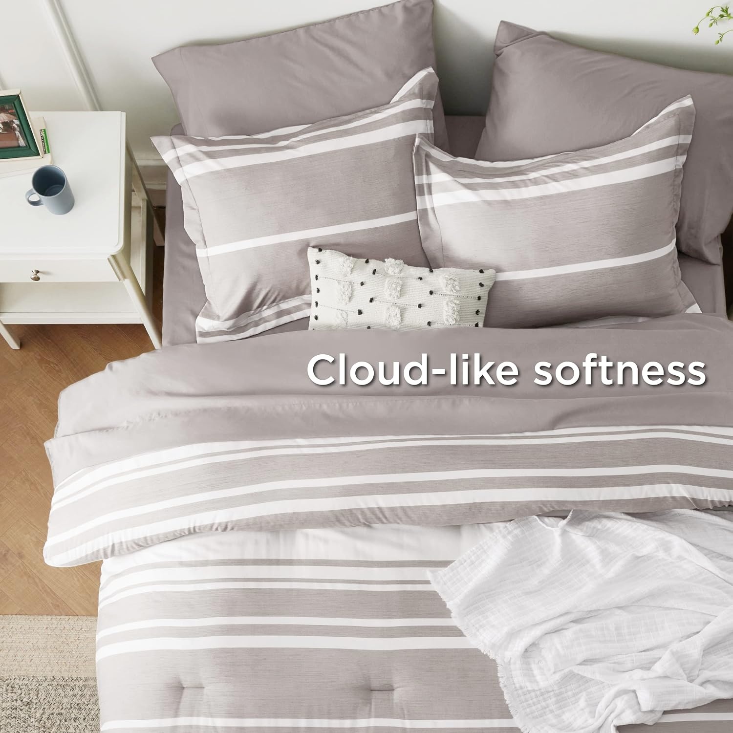 image:imageBedsure Queen Comforter Set 7 Pieces Grey Striped Bedding Set for All Seasons Reversible Cationic Dyeing Bed in a Bag with Comforter Sheets Pillowcases amp Shams14 Taupe
