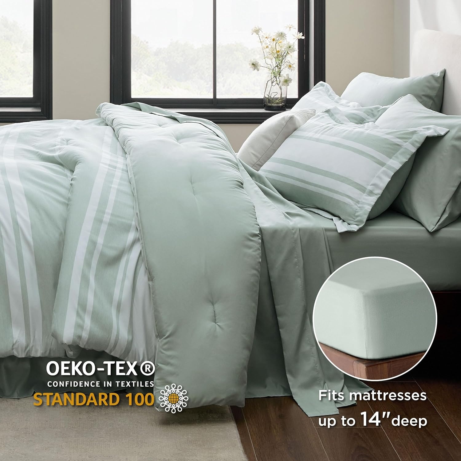 image:imageBedsure Queen Comforter Set 7 Pieces Grey Striped Bedding Set for All Seasons Reversible Cationic Dyeing Bed in a Bag with Comforter Sheets Pillowcases amp Shams03 Sage Green