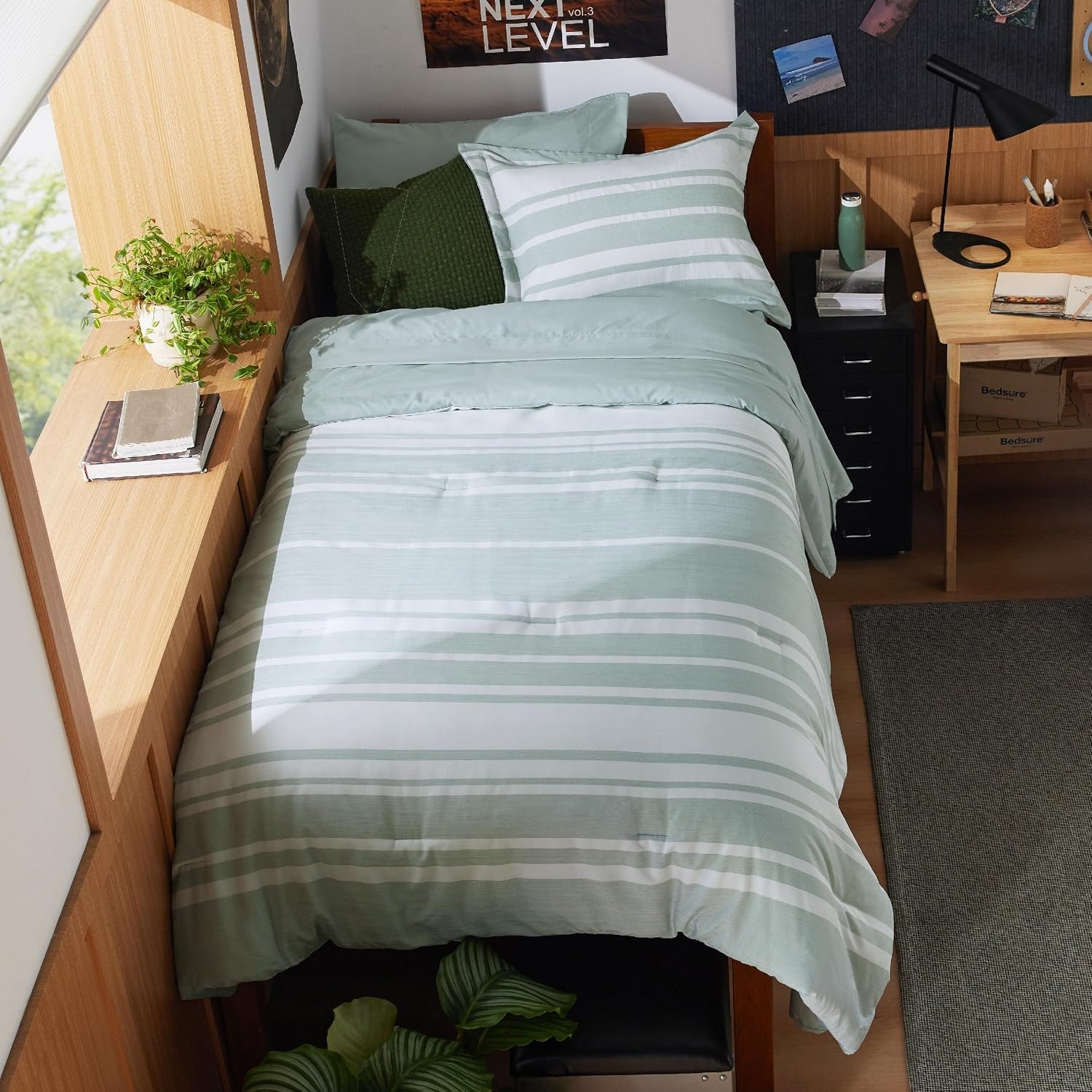 image:imageBedsure Queen Comforter Set 7 Pieces Grey Striped Bedding Set for All Seasons Reversible Cationic Dyeing Bed in a Bag with Comforter Sheets Pillowcases amp Shams03 Sage Green