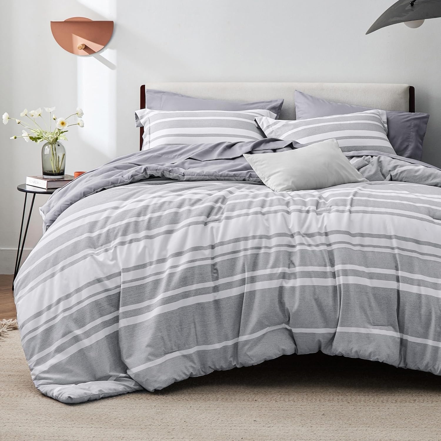 image:imageBedsure Queen Comforter Set 7 Pieces Grey Striped Bedding Set for All Seasons Reversible Cationic Dyeing Bed in a Bag with Comforter Sheets Pillowcases amp Shams01 Grey
