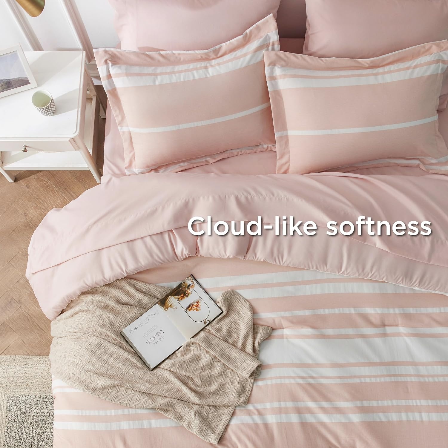 image:imageBedsure Queen Comforter Set 7 Pieces Grey Striped Bedding Set for All Seasons Reversible Cationic Dyeing Bed in a Bag with Comforter Sheets Pillowcases amp Shams15 Light Pink