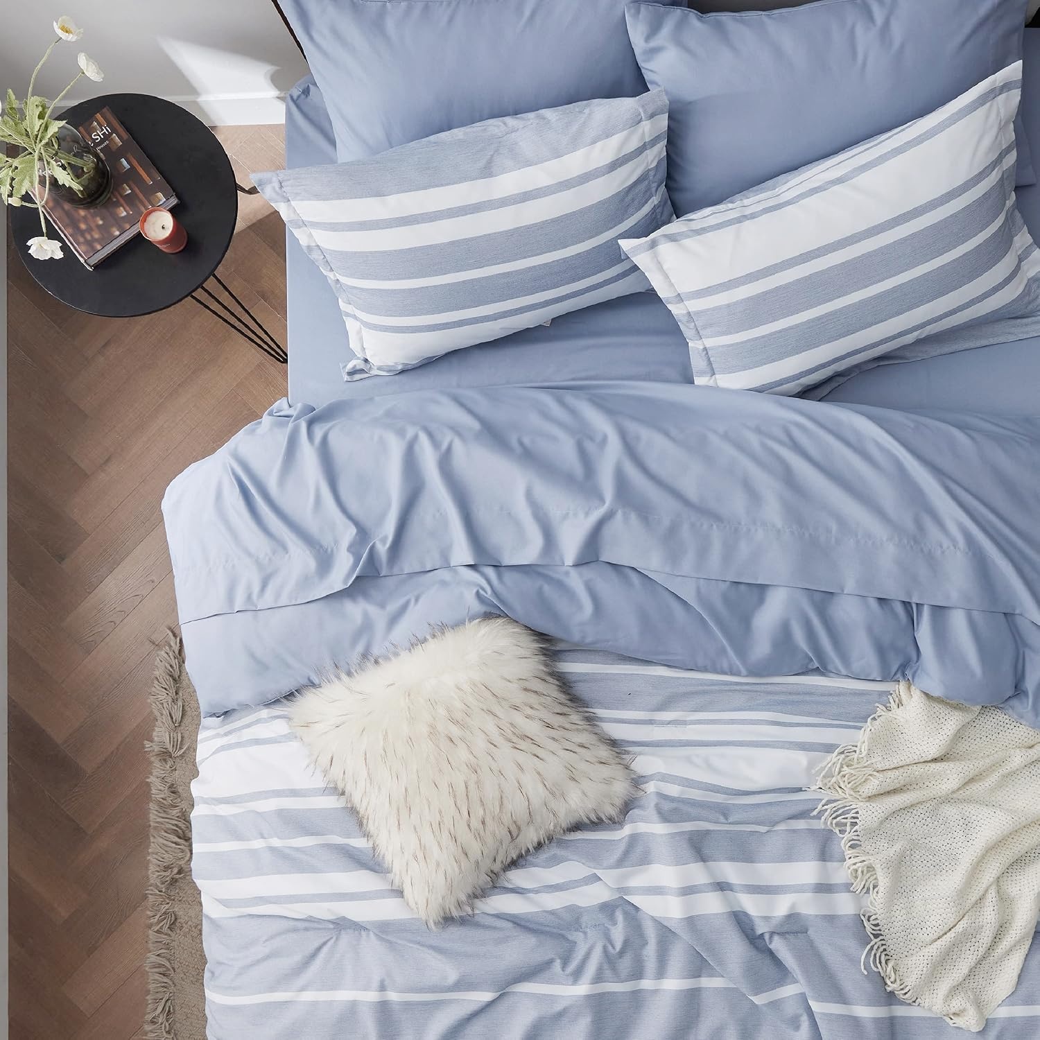 image:imageBedsure Queen Comforter Set 7 Pieces Grey Striped Bedding Set for All Seasons Reversible Cationic Dyeing Bed in a Bag with Comforter Sheets Pillowcases amp Shams02 Blue