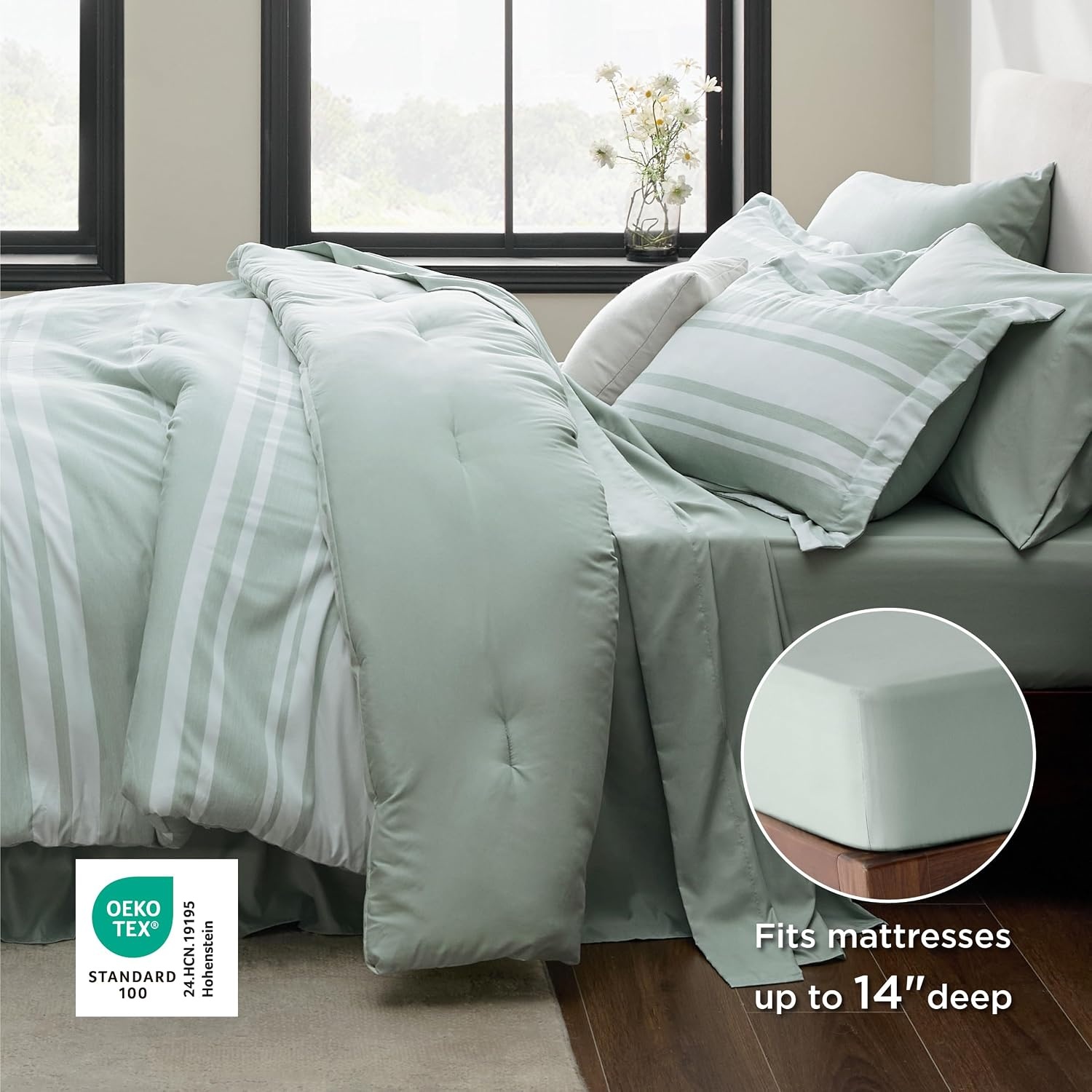 image:imageBedsure Queen Comforter Set 7 Pieces Grey Striped Bedding Set for All Seasons Reversible Cationic Dyeing Bed in a Bag with Comforter Sheets Pillowcases amp Shams03 Sage Green