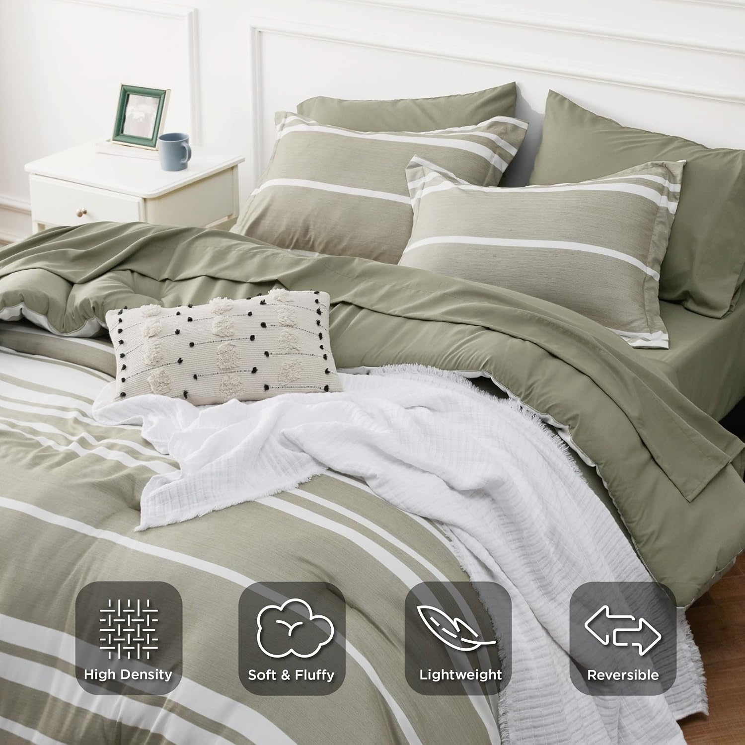 image:imageBedsure Queen Comforter Set 7 Pieces Grey Striped Bedding Set for All Seasons Reversible Cationic Dyeing Bed in a Bag with Comforter Sheets Pillowcases amp Shams04 Olive Green