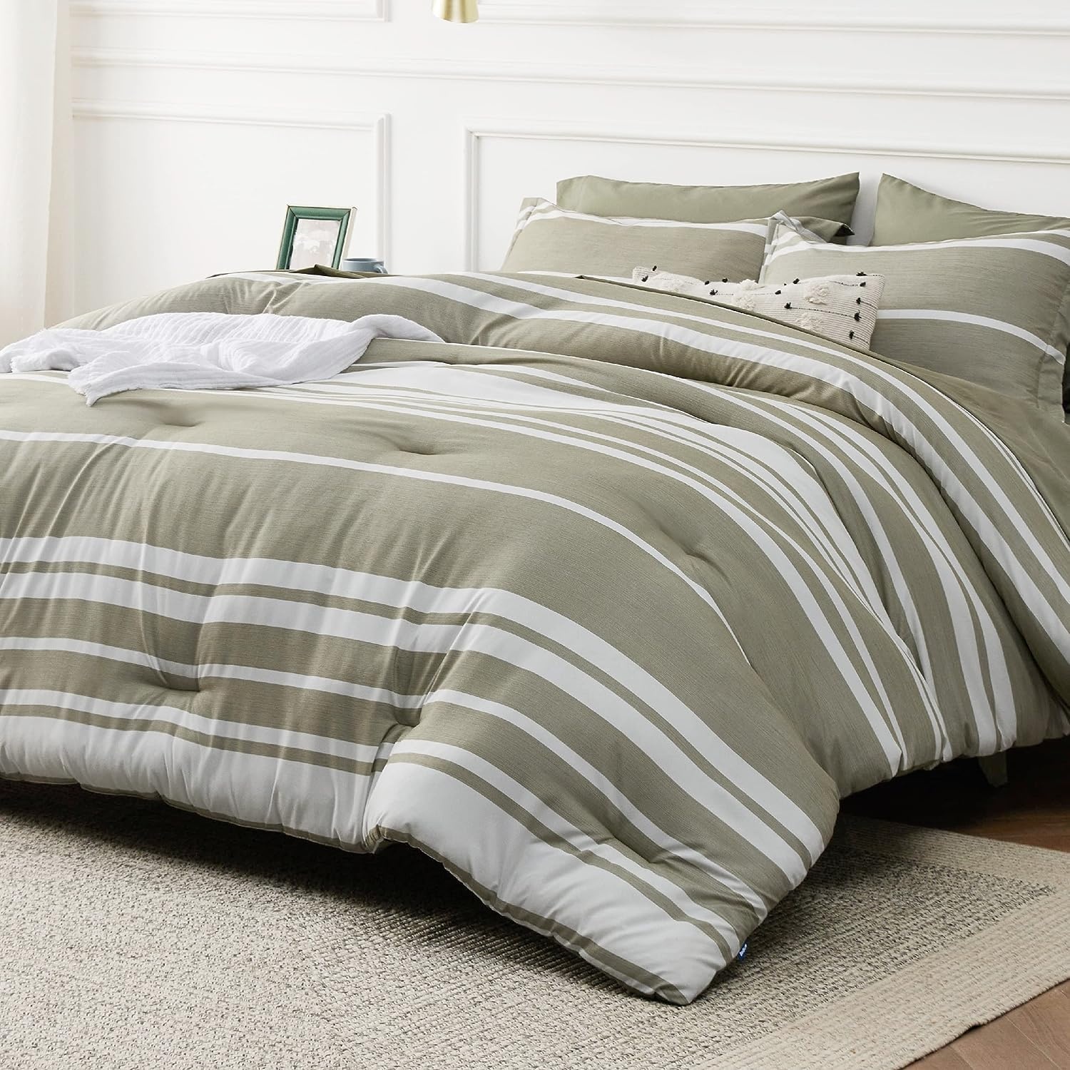 image:imageBedsure Queen Comforter Set 7 Pieces Grey Striped Bedding Set for All Seasons Reversible Cationic Dyeing Bed in a Bag with Comforter Sheets Pillowcases amp Shams04 Olive Green