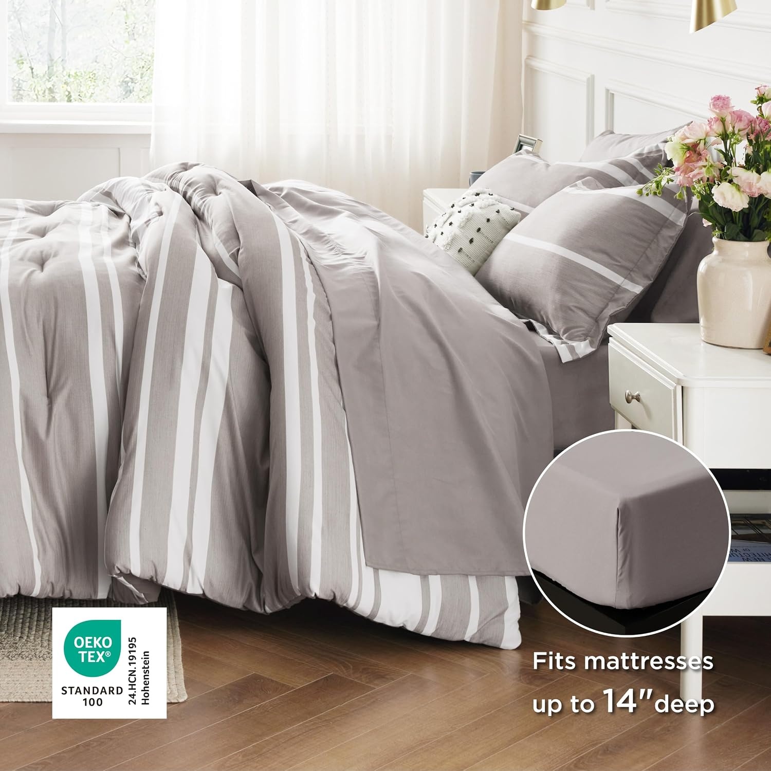 image:imageBedsure Queen Comforter Set 7 Pieces Grey Striped Bedding Set for All Seasons Reversible Cationic Dyeing Bed in a Bag with Comforter Sheets Pillowcases amp Shams14 Taupe