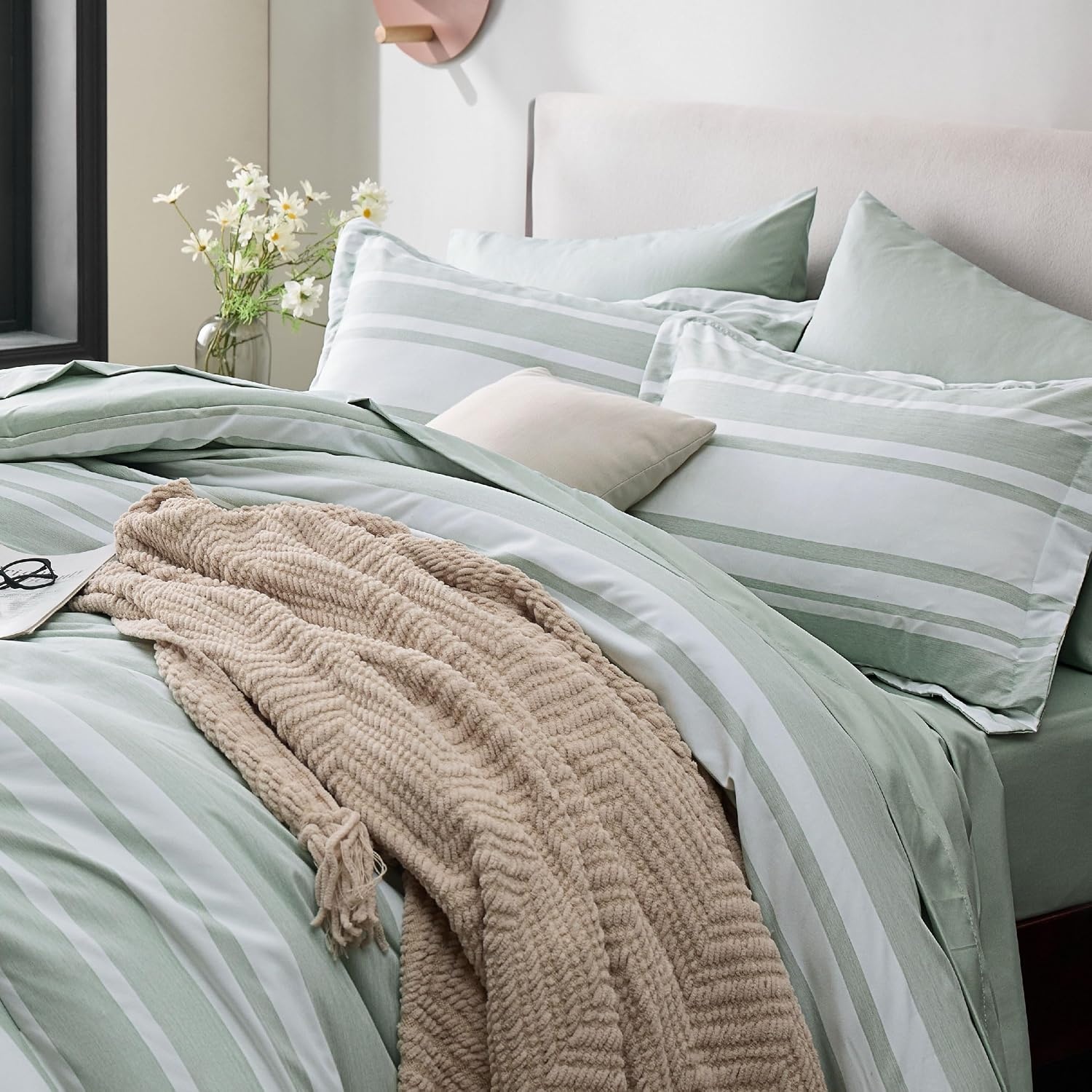 image:imageBedsure Queen Comforter Set 7 Pieces Grey Striped Bedding Set for All Seasons Reversible Cationic Dyeing Bed in a Bag with Comforter Sheets Pillowcases amp Shams03 Sage Green