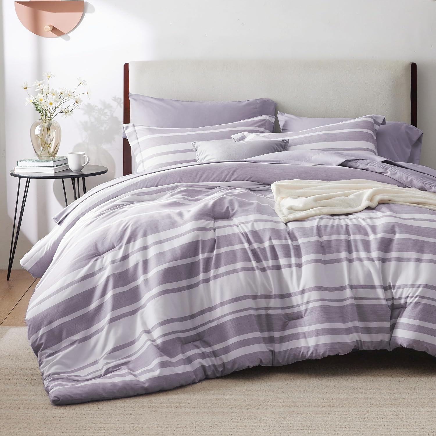 image:imageBedsure Queen Comforter Set 7 Pieces Grey Striped Bedding Set for All Seasons Reversible Cationic Dyeing Bed in a Bag with Comforter Sheets Pillowcases amp Shams09 Purple