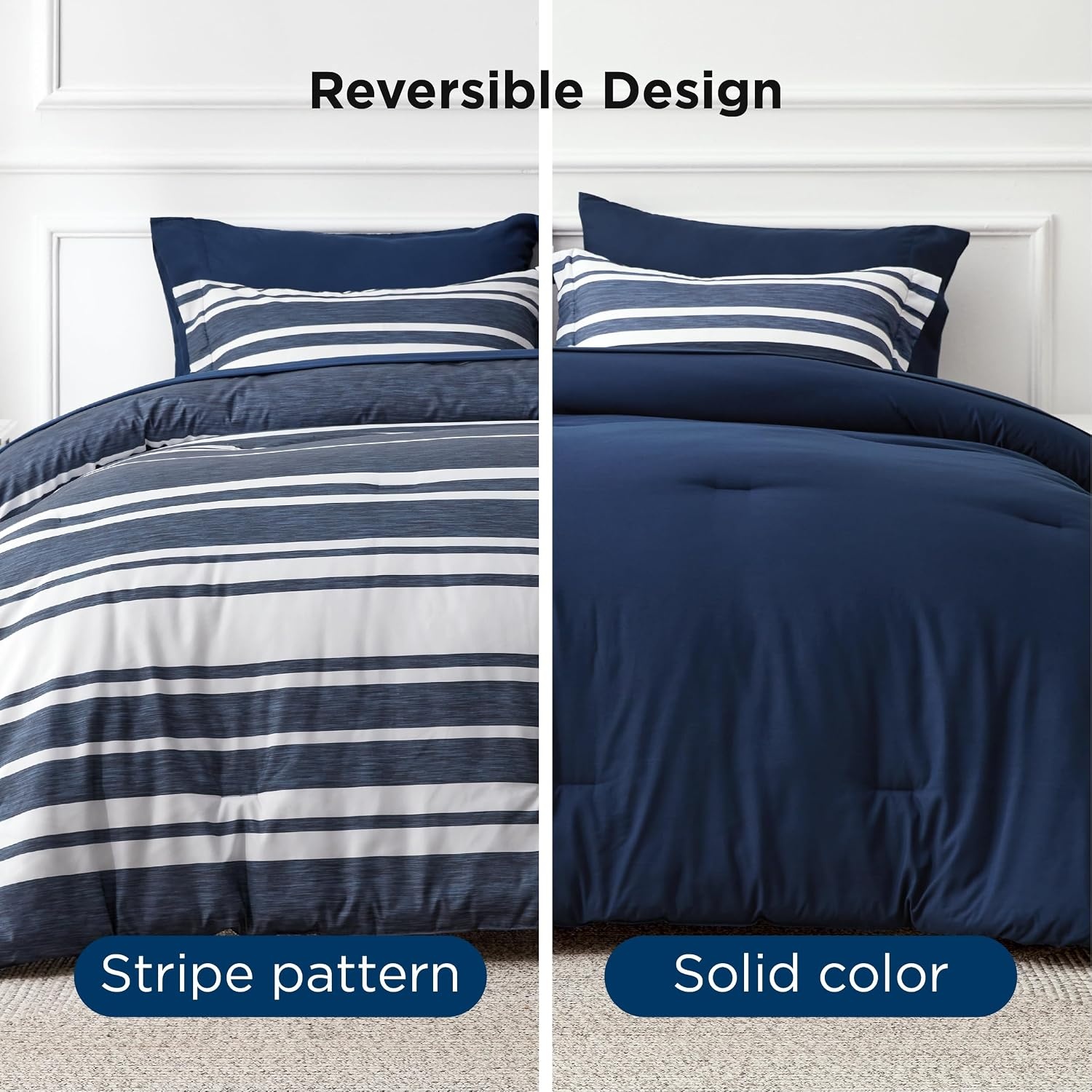 image:imageBedsure Queen Comforter Set 7 Pieces Grey Striped Bedding Set for All Seasons Reversible Cationic Dyeing Bed in a Bag with Comforter Sheets Pillowcases amp Shams05 Navy