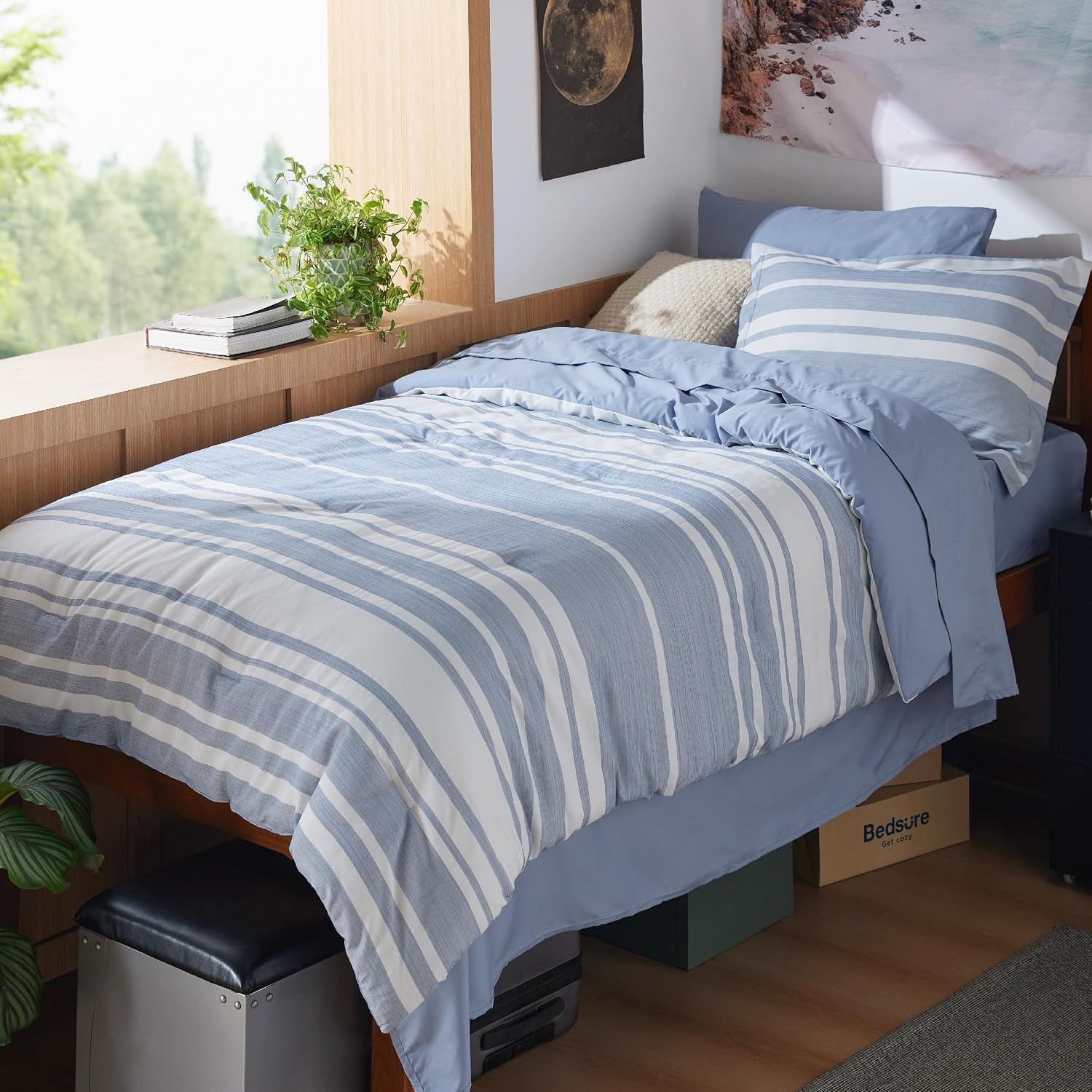 image:imageBedsure Queen Comforter Set 7 Pieces Grey Striped Bedding Set for All Seasons Reversible Cationic Dyeing Bed in a Bag with Comforter Sheets Pillowcases amp Shams02 Blue