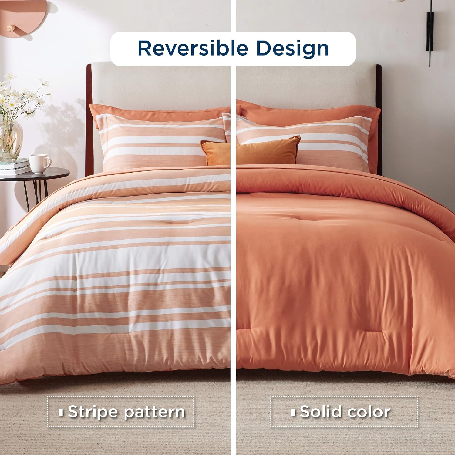 image:imageBedsure Queen Comforter Set 7 Pieces Grey Striped Bedding Set for All Seasons Reversible Cationic Dyeing Bed in a Bag with Comforter Sheets Pillowcases amp Shams12 Burnt Orange