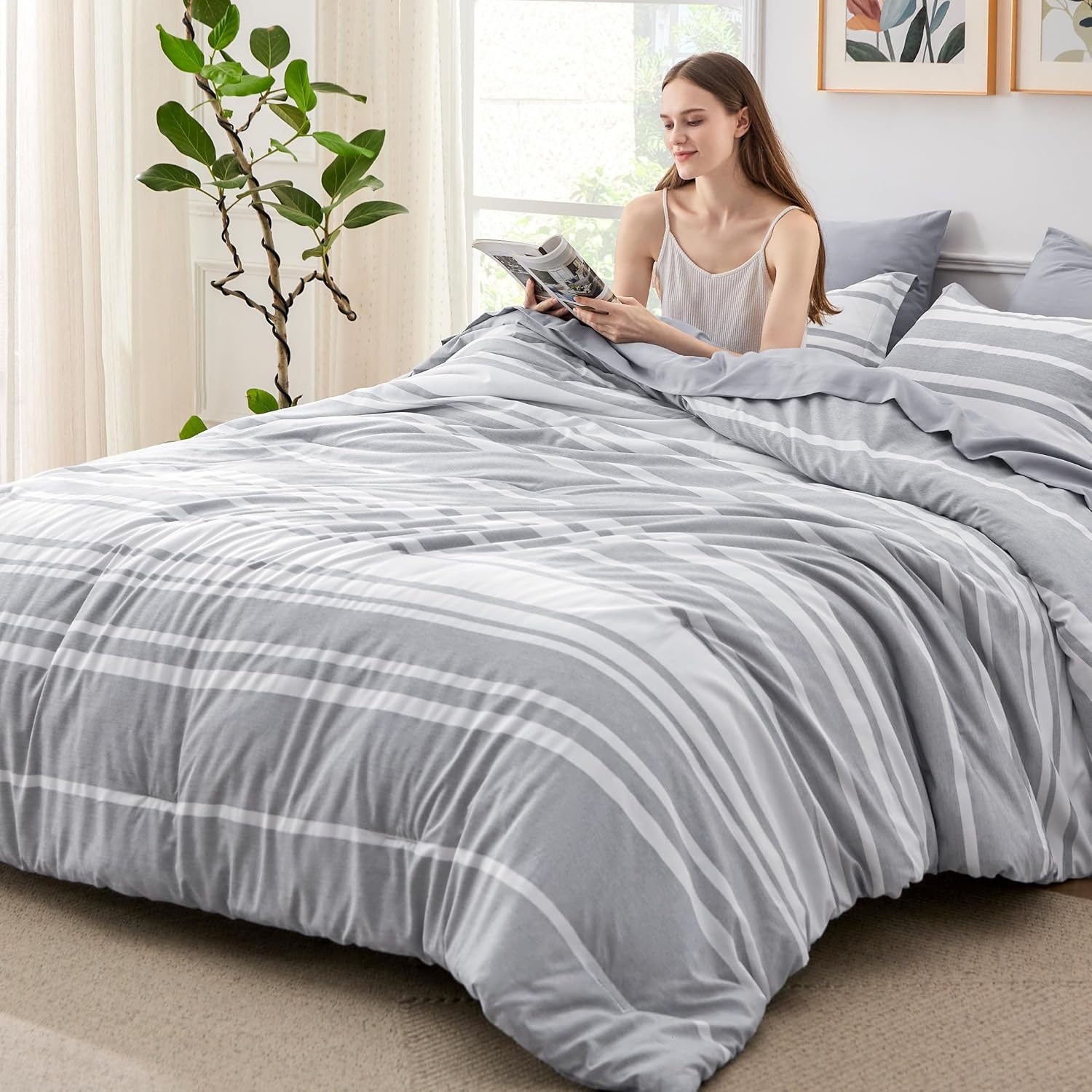image:imageBedsure Queen Comforter Set 7 Pieces Grey Striped Bedding Set for All Seasons Reversible Cationic Dyeing Bed in a Bag with Comforter Sheets Pillowcases amp Shams01 Grey