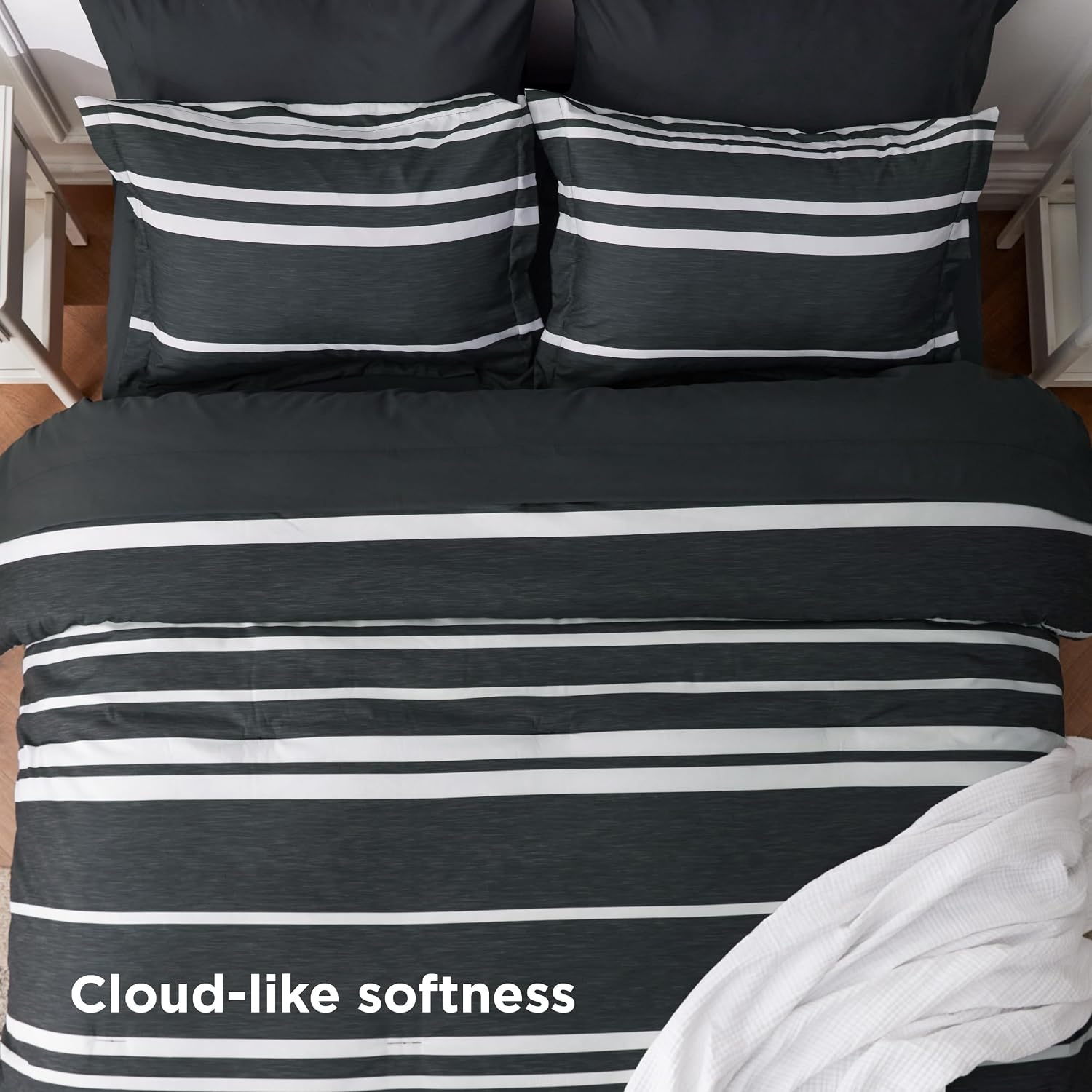 image:imageBedsure Queen Comforter Set 7 Pieces Grey Striped Bedding Set for All Seasons Reversible Cationic Dyeing Bed in a Bag with Comforter Sheets Pillowcases amp Shams07 Black