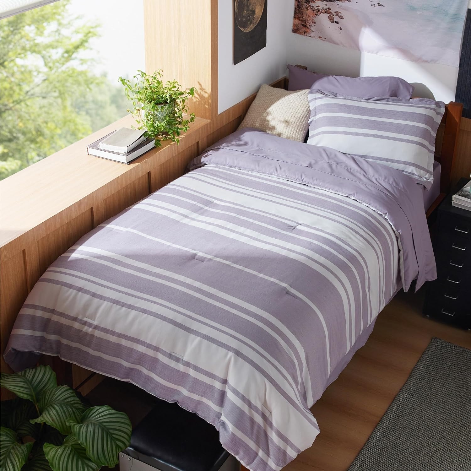 image:imageBedsure Queen Comforter Set 7 Pieces Grey Striped Bedding Set for All Seasons Reversible Cationic Dyeing Bed in a Bag with Comforter Sheets Pillowcases amp Shams09 Purple