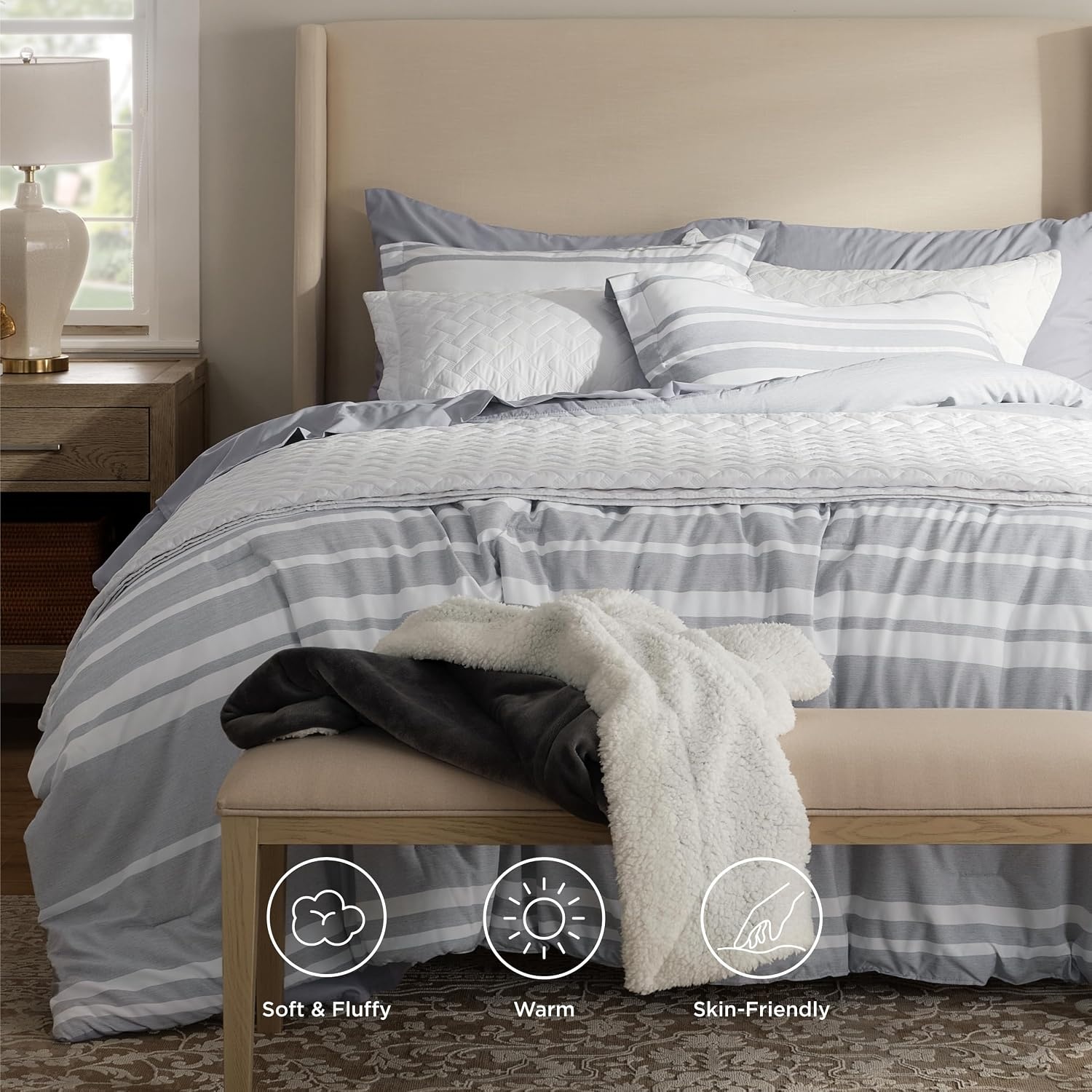 image:imageBedsure Queen Comforter Set 7 Pieces Grey Striped Bedding Set for All Seasons Reversible Cationic Dyeing Bed in a Bag with Comforter Sheets Pillowcases amp Shams01 Grey