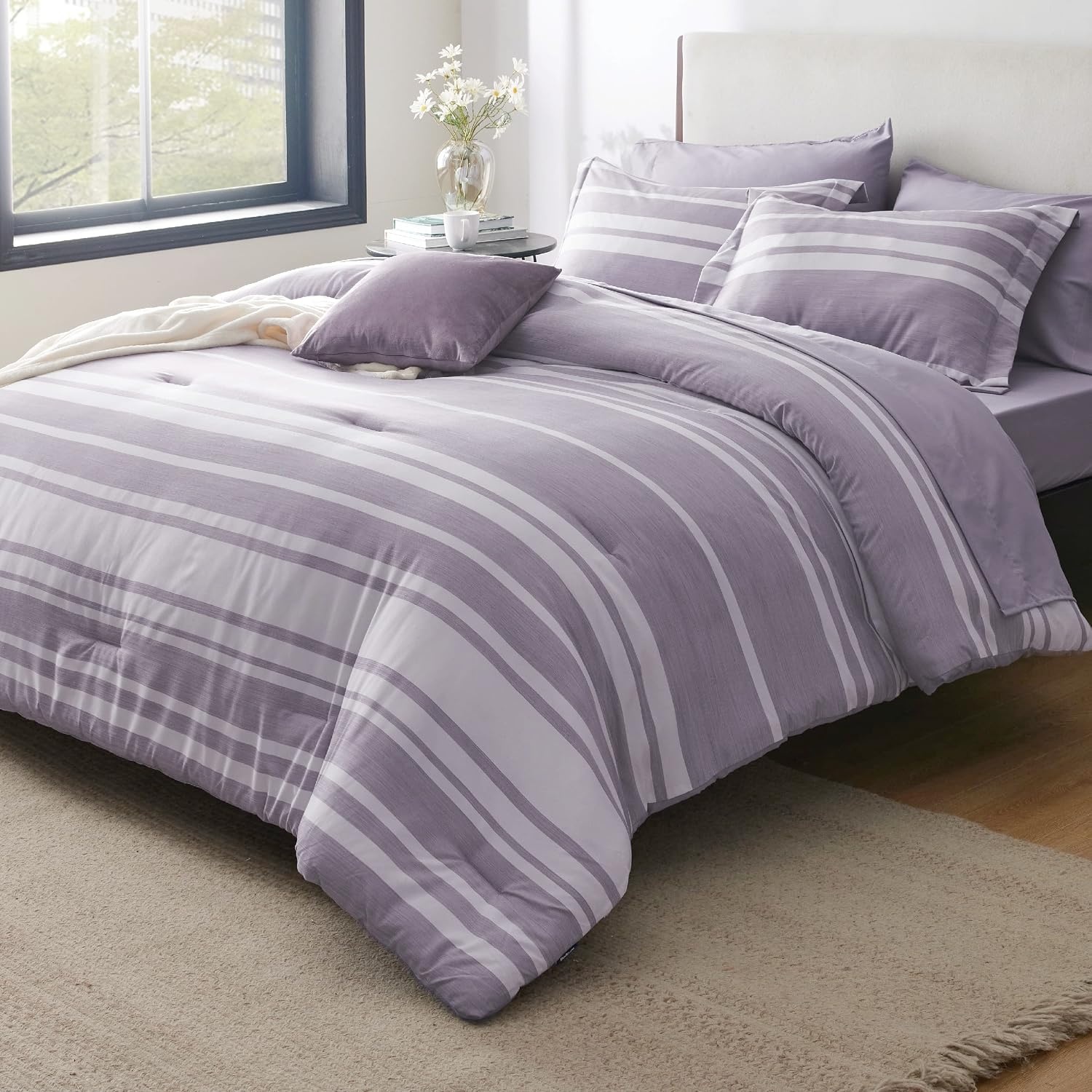 image:imageBedsure Queen Comforter Set 7 Pieces Grey Striped Bedding Set for All Seasons Reversible Cationic Dyeing Bed in a Bag with Comforter Sheets Pillowcases amp Shams09 Purple