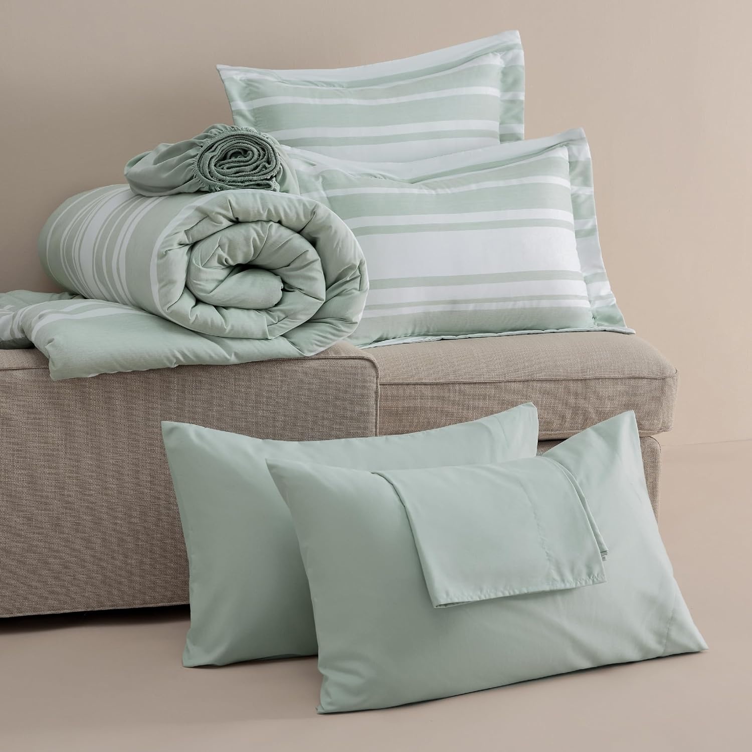 image:imageBedsure Queen Comforter Set 7 Pieces Grey Striped Bedding Set for All Seasons Reversible Cationic Dyeing Bed in a Bag with Comforter Sheets Pillowcases amp Shams03 Sage Green