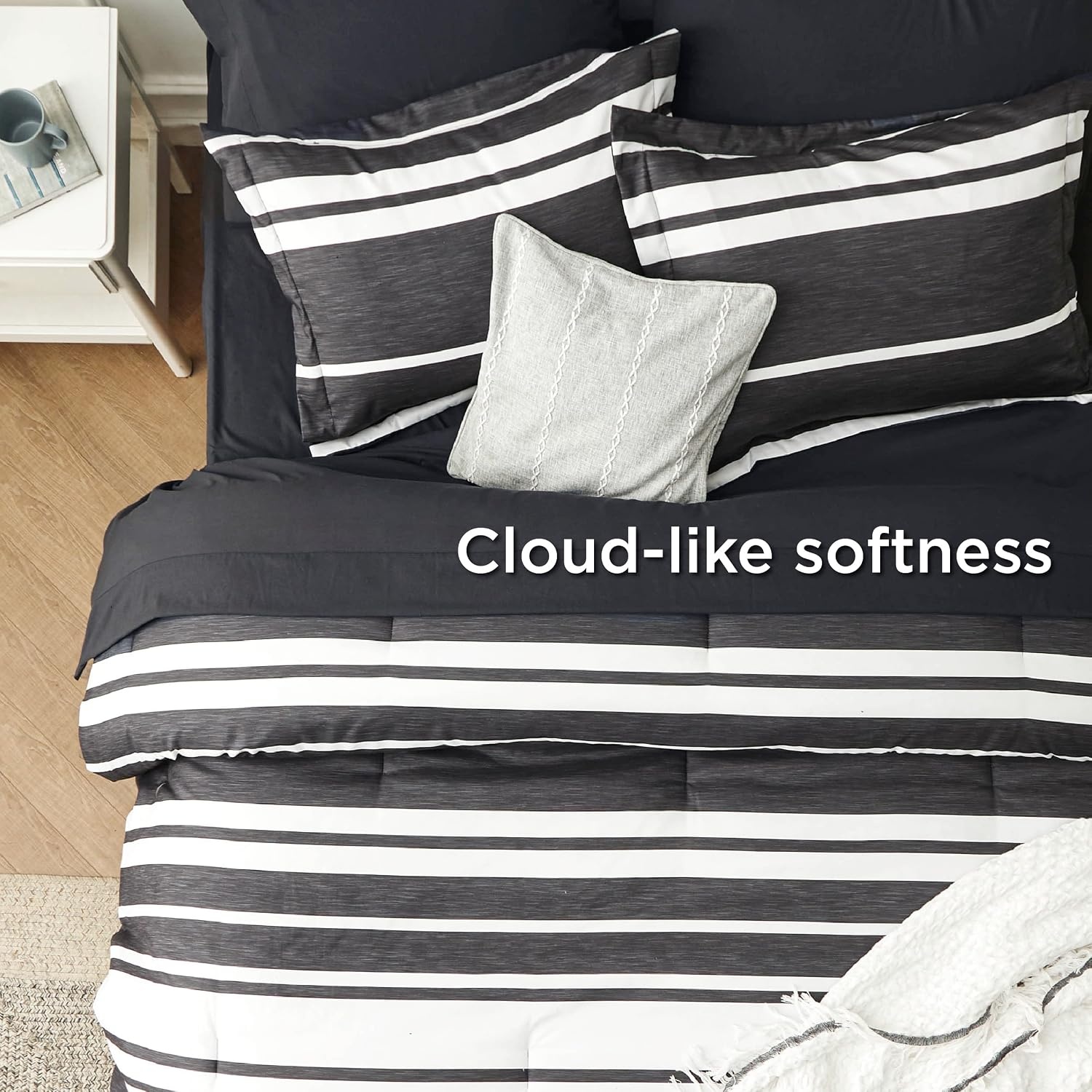 image:imageBedsure Queen Comforter Set 7 Pieces Grey Striped Bedding Set for All Seasons Reversible Cationic Dyeing Bed in a Bag with Comforter Sheets Pillowcases amp Shams07 Black