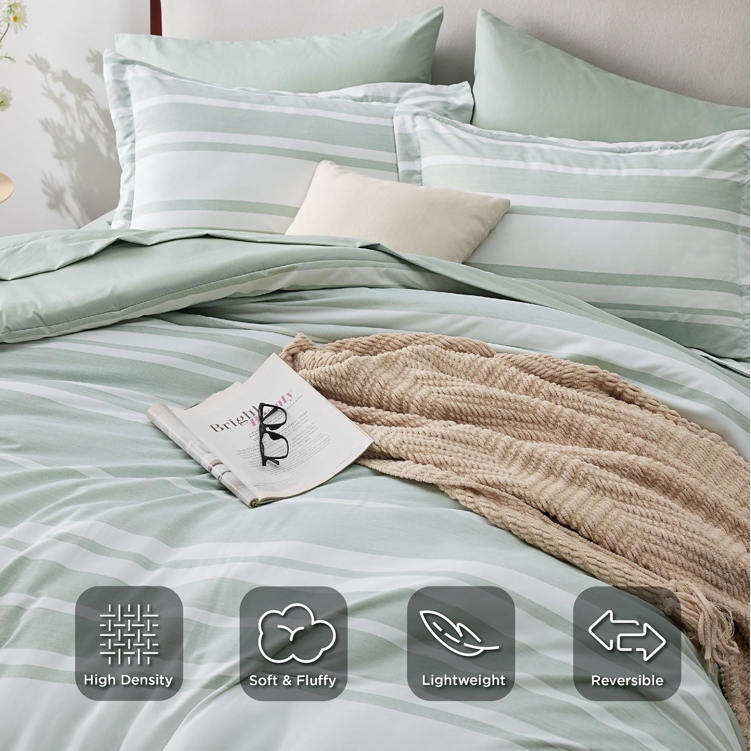 image:imageBedsure Queen Comforter Set 7 Pieces Grey Striped Bedding Set for All Seasons Reversible Cationic Dyeing Bed in a Bag with Comforter Sheets Pillowcases amp Shams03 Sage Green