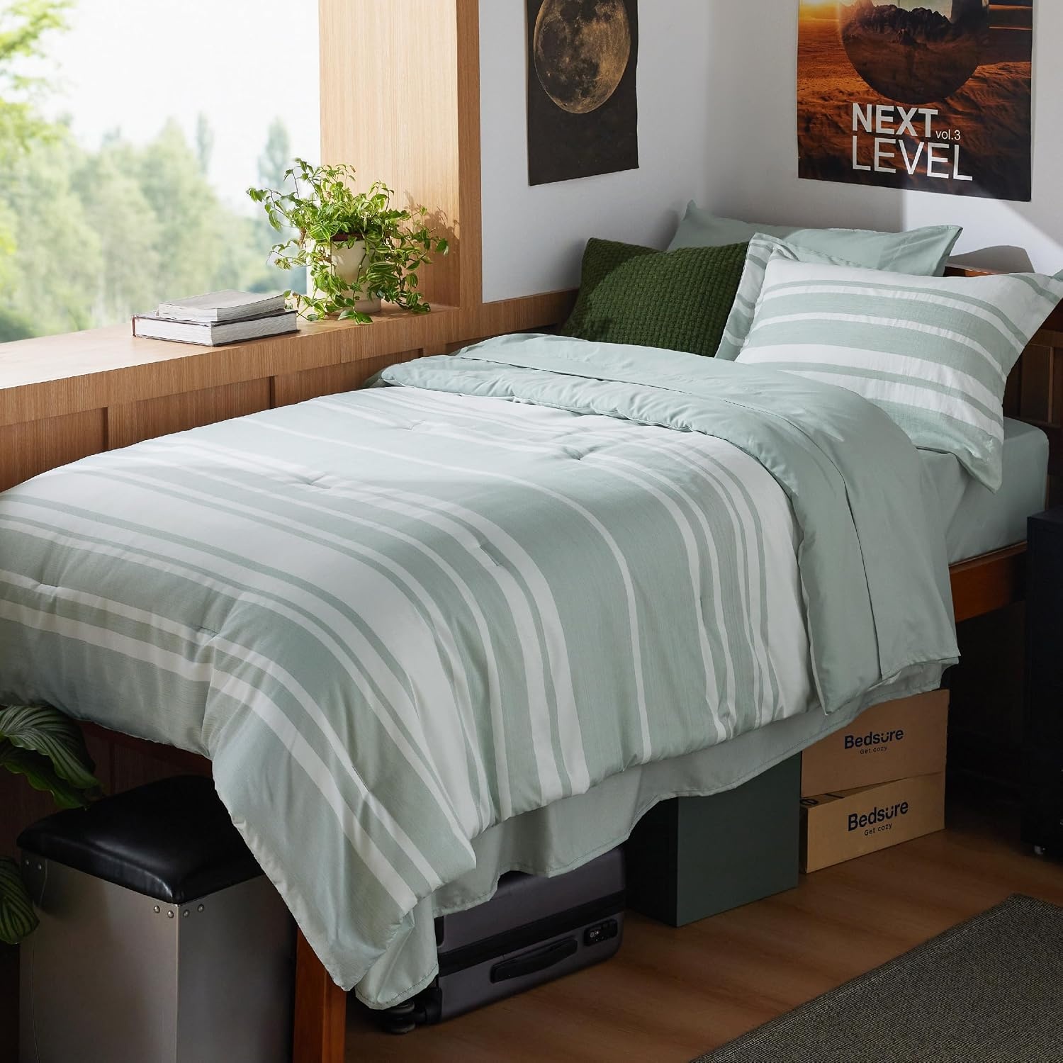 image:imageBedsure Queen Comforter Set 7 Pieces Grey Striped Bedding Set for All Seasons Reversible Cationic Dyeing Bed in a Bag with Comforter Sheets Pillowcases amp Shams03 Sage Green