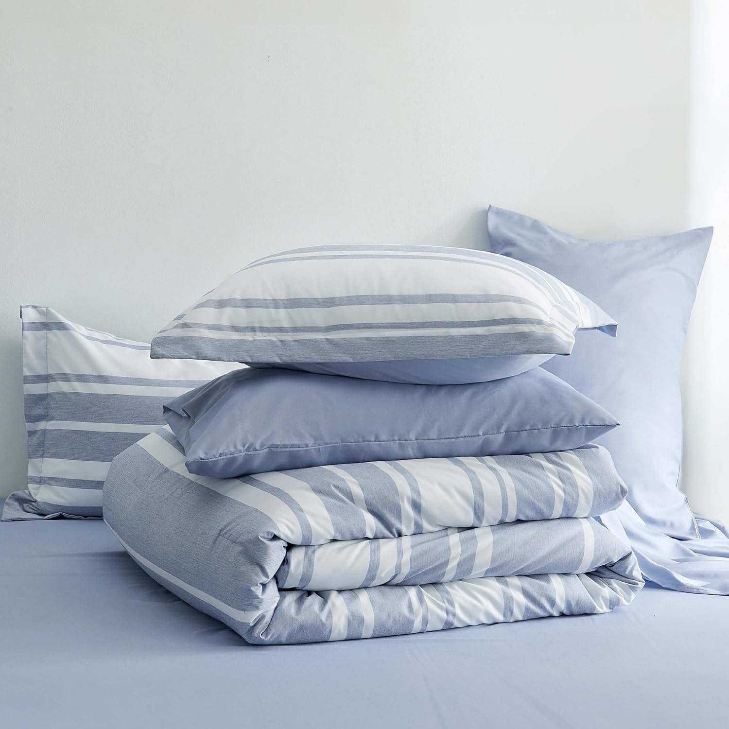 image:imageBedsure Queen Comforter Set 7 Pieces Grey Striped Bedding Set for All Seasons Reversible Cationic Dyeing Bed in a Bag with Comforter Sheets Pillowcases amp Shams02 Blue