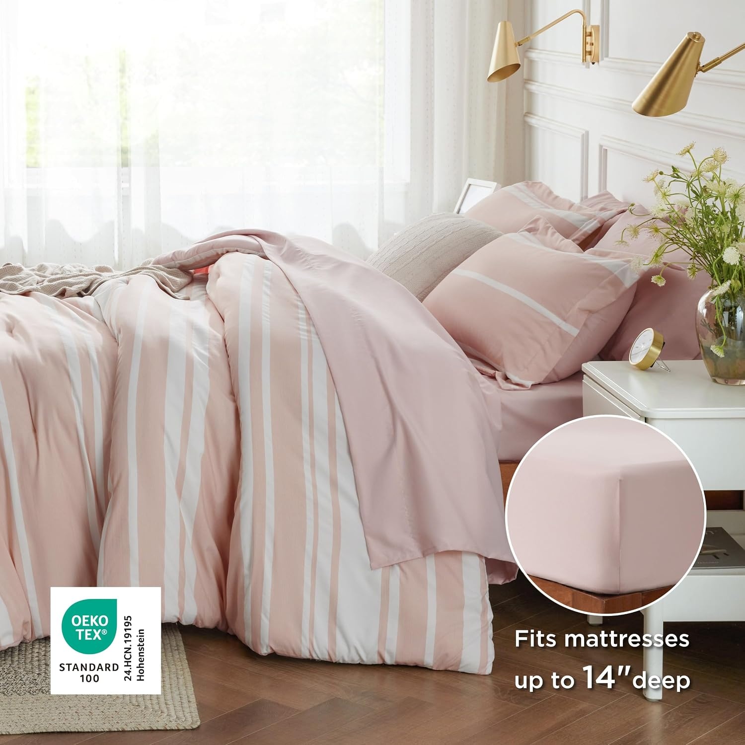 image:imageBedsure Queen Comforter Set 7 Pieces Grey Striped Bedding Set for All Seasons Reversible Cationic Dyeing Bed in a Bag with Comforter Sheets Pillowcases amp Shams15 Light Pink