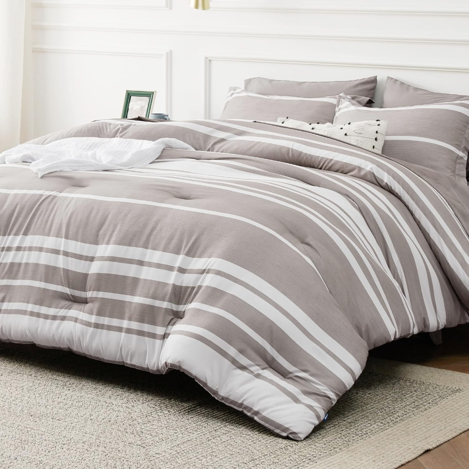 image:imageBedsure Queen Comforter Set 7 Pieces Grey Striped Bedding Set for All Seasons Reversible Cationic Dyeing Bed in a Bag with Comforter Sheets Pillowcases amp Shams14 Taupe