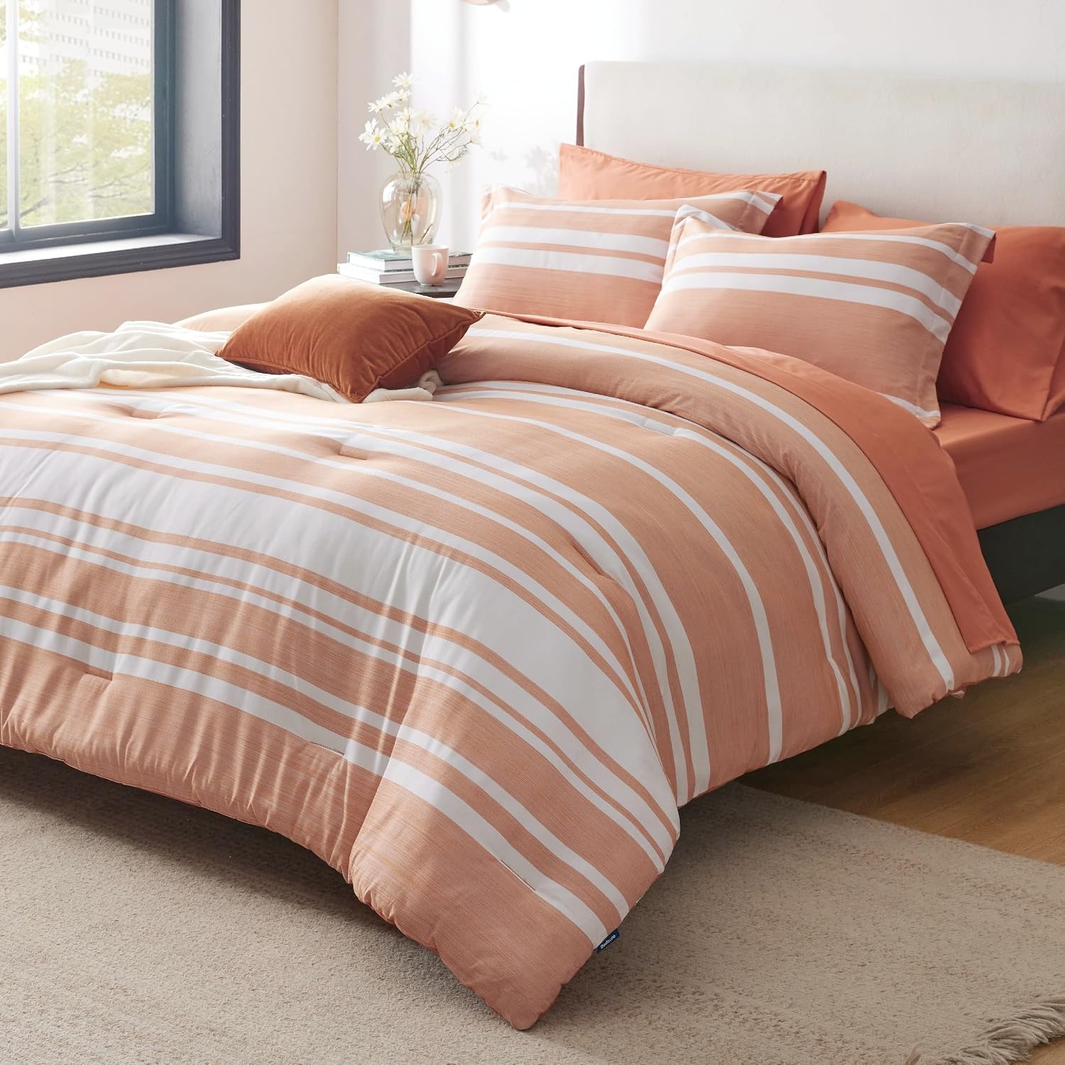 image:imageBedsure Queen Comforter Set 7 Pieces Grey Striped Bedding Set for All Seasons Reversible Cationic Dyeing Bed in a Bag with Comforter Sheets Pillowcases amp Shams12 Burnt Orange