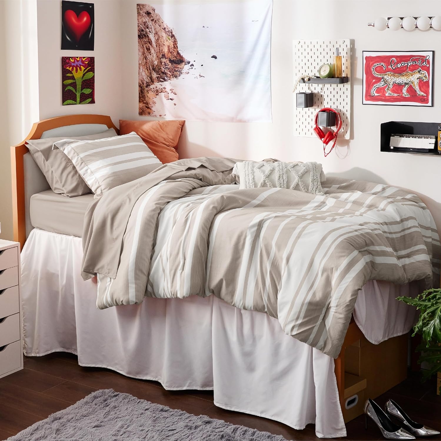 image:imageBedsure Queen Comforter Set 7 Pieces Grey Striped Bedding Set for All Seasons Reversible Cationic Dyeing Bed in a Bag with Comforter Sheets Pillowcases amp Shams11 Light Camel