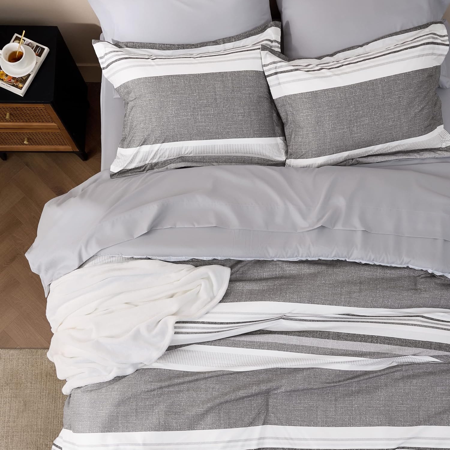 image:imageBedsure Queen Comforter Set 7 Pieces Grey Striped Bedding Set for All Seasons Reversible Cationic Dyeing Bed in a Bag with Comforter Sheets Pillowcases amp Shams20 Frost Grey
