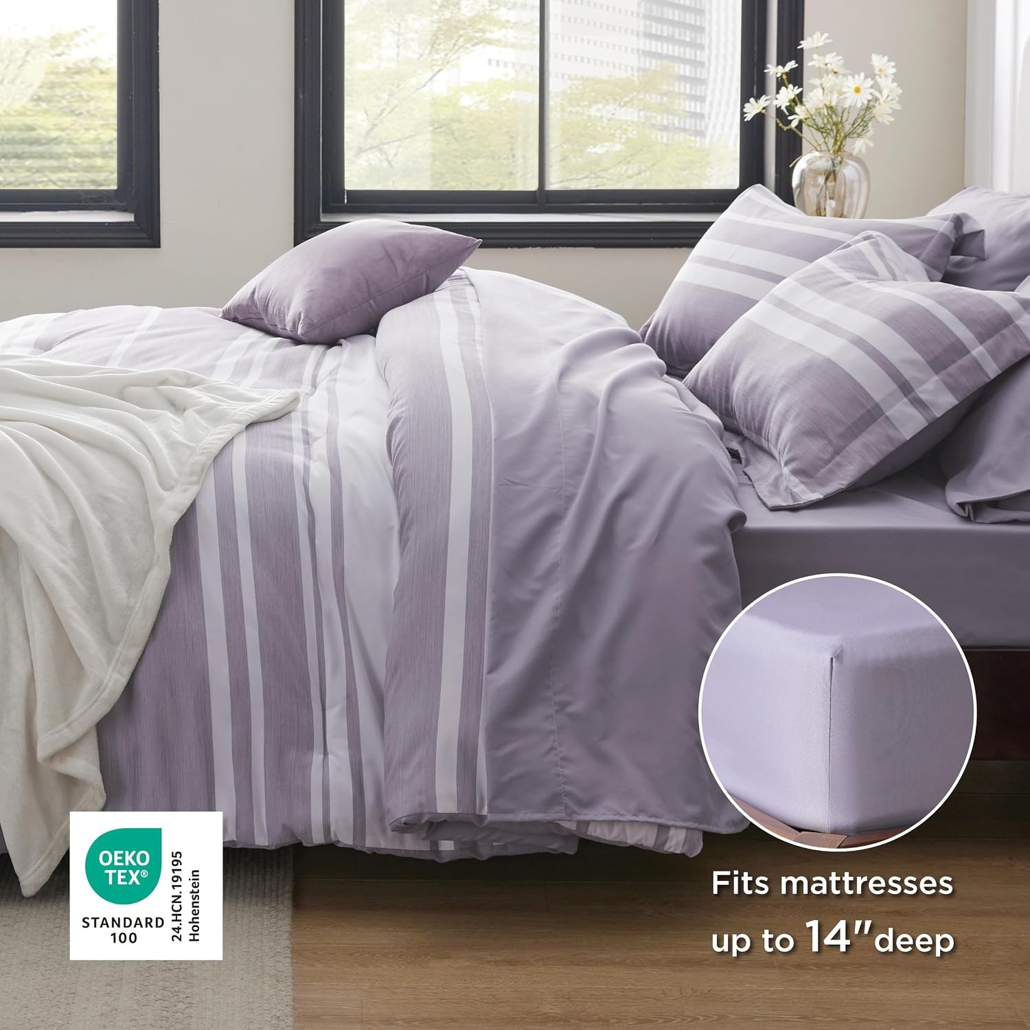 image:imageBedsure Queen Comforter Set 7 Pieces Grey Striped Bedding Set for All Seasons Reversible Cationic Dyeing Bed in a Bag with Comforter Sheets Pillowcases amp Shams09 Purple