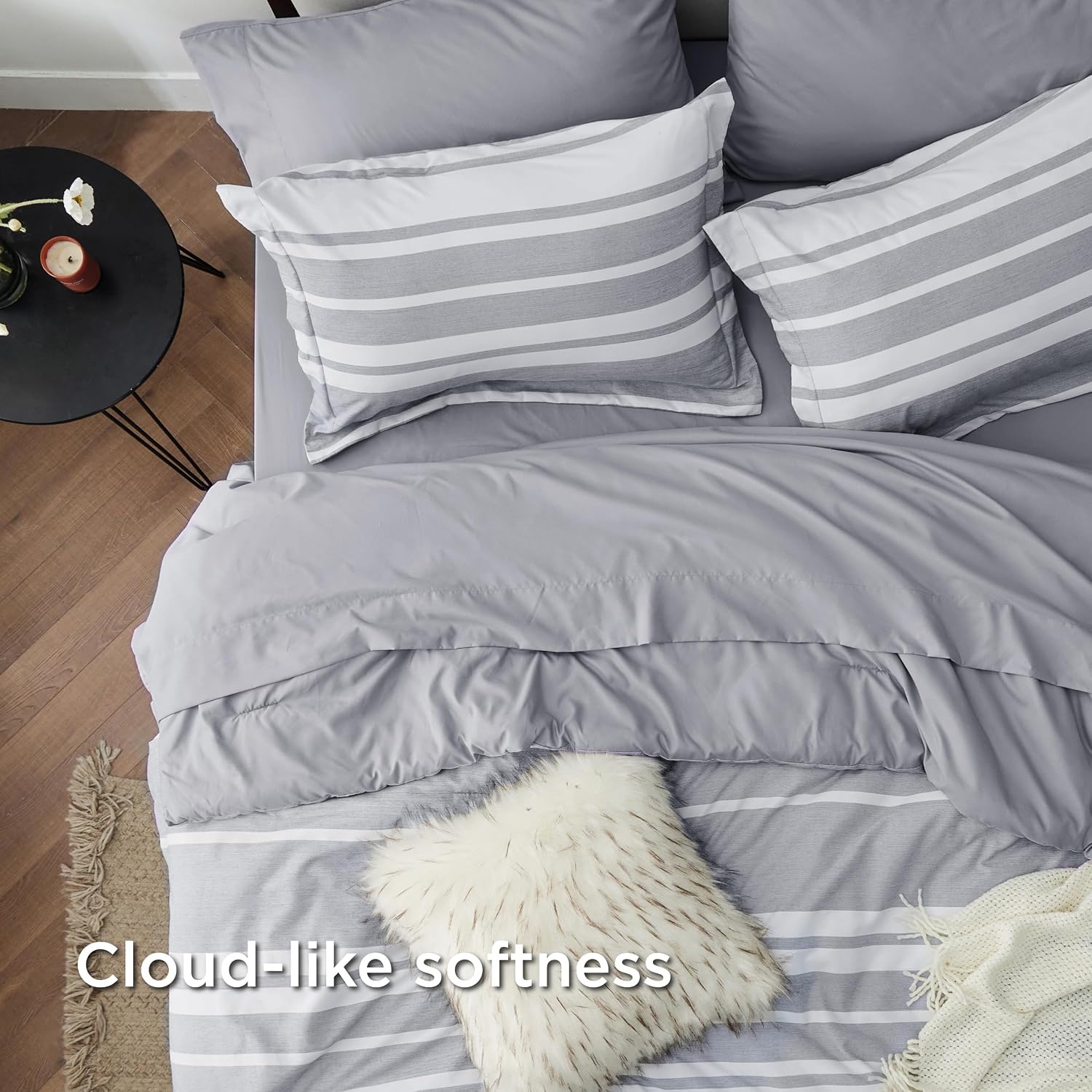 image:imageBedsure Queen Comforter Set 7 Pieces Grey Striped Bedding Set for All Seasons Reversible Cationic Dyeing Bed in a Bag with Comforter Sheets Pillowcases amp Shams01 Grey