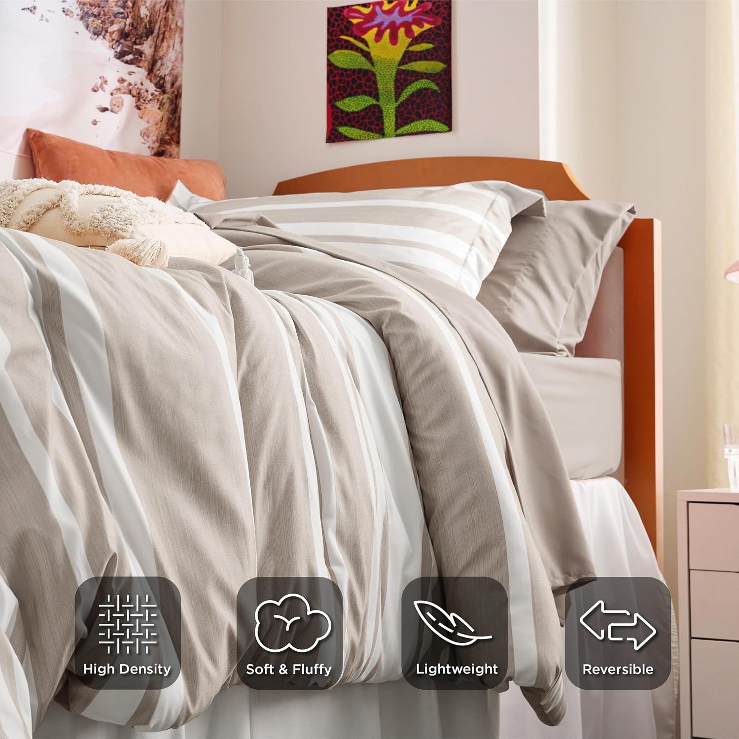 image:imageBedsure Queen Comforter Set 7 Pieces Grey Striped Bedding Set for All Seasons Reversible Cationic Dyeing Bed in a Bag with Comforter Sheets Pillowcases amp Shams11 Light Camel
