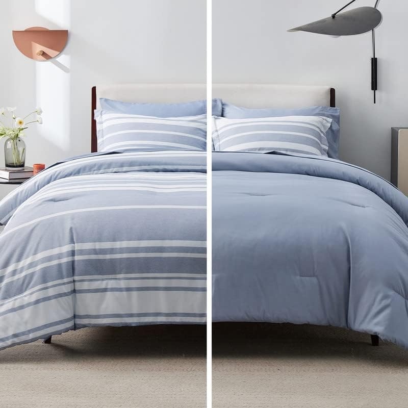 image:imageBedsure Queen Comforter Set 7 Pieces Grey Striped Bedding Set for All Seasons Reversible Cationic Dyeing Bed in a Bag with Comforter Sheets Pillowcases amp Shams02 Blue