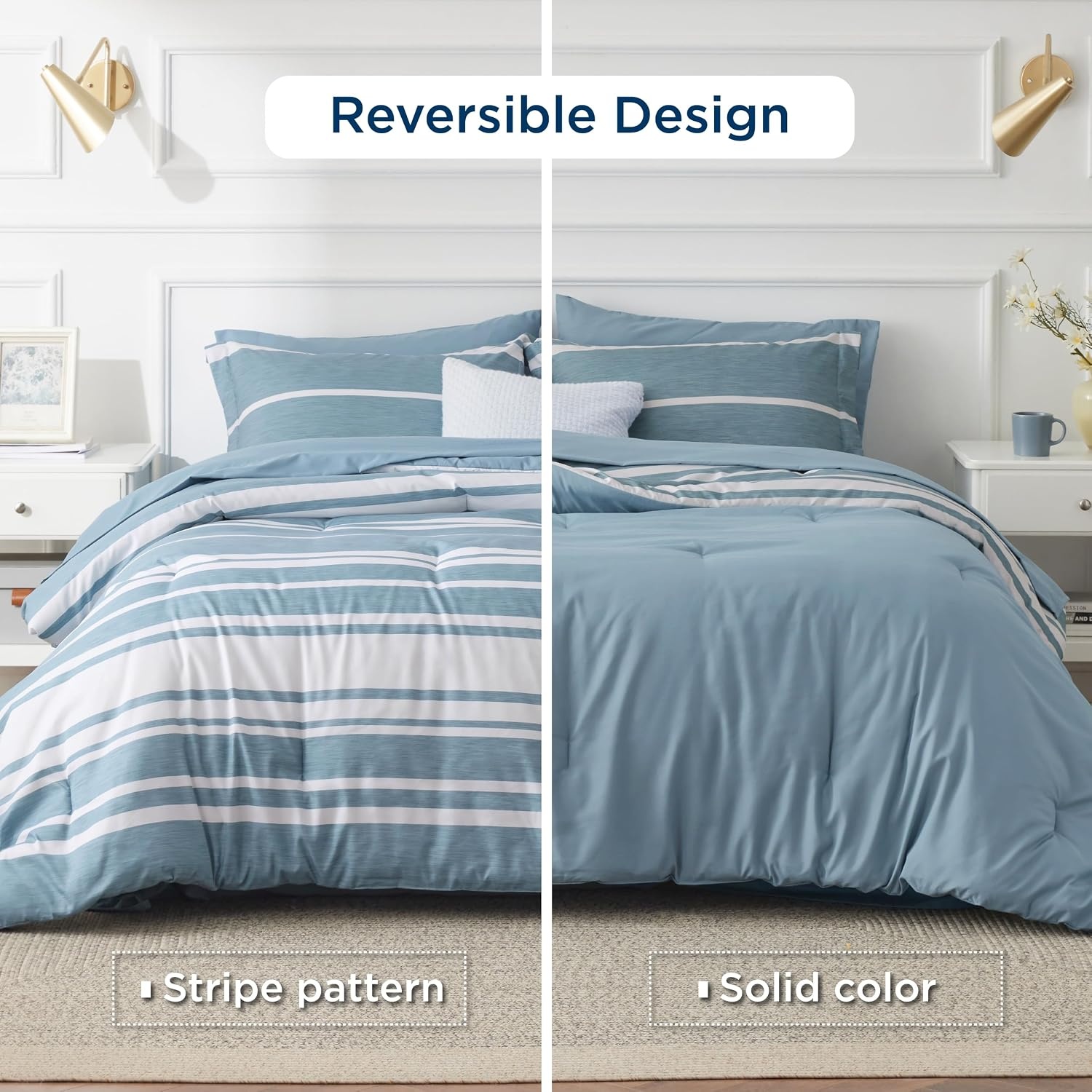image:imageBedsure Queen Comforter Set 7 Pieces Grey Striped Bedding Set for All Seasons Reversible Cationic Dyeing Bed in a Bag with Comforter Sheets Pillowcases amp Shams13 Grey Blue