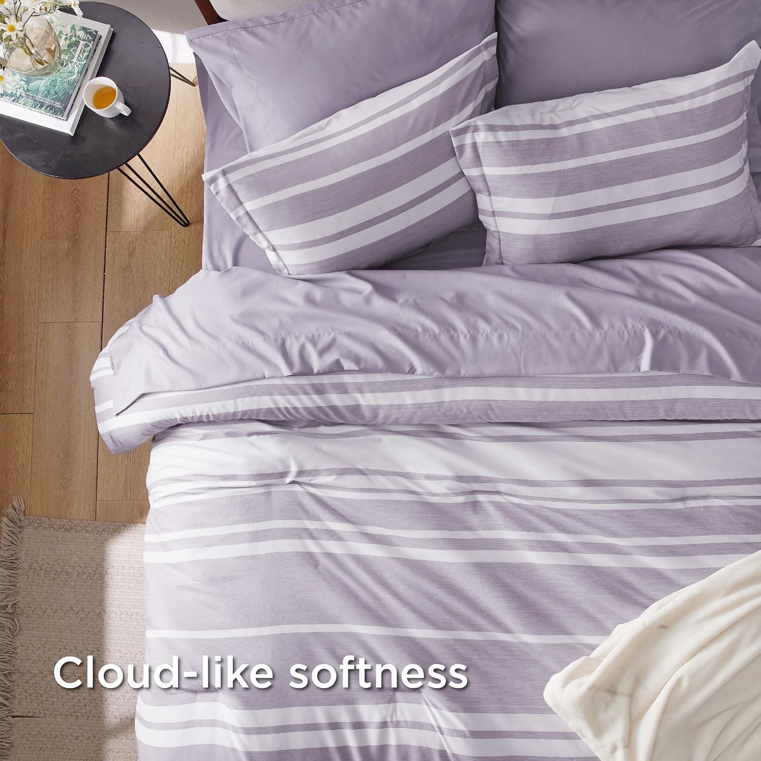 image:imageBedsure Queen Comforter Set 7 Pieces Grey Striped Bedding Set for All Seasons Reversible Cationic Dyeing Bed in a Bag with Comforter Sheets Pillowcases amp Shams09 Purple