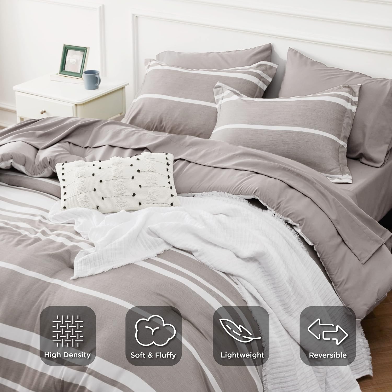 image:imageBedsure Queen Comforter Set 7 Pieces Grey Striped Bedding Set for All Seasons Reversible Cationic Dyeing Bed in a Bag with Comforter Sheets Pillowcases amp Shams14 Taupe
