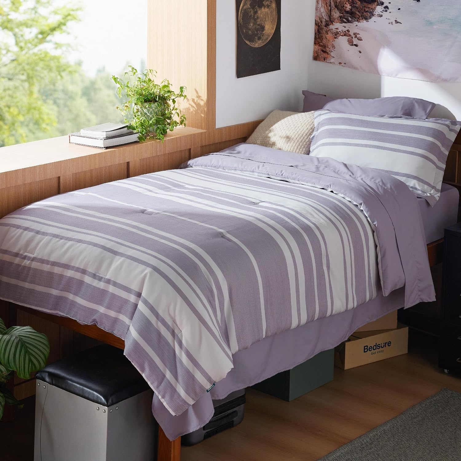 image:imageBedsure Queen Comforter Set 7 Pieces Grey Striped Bedding Set for All Seasons Reversible Cationic Dyeing Bed in a Bag with Comforter Sheets Pillowcases amp Shams09 Purple